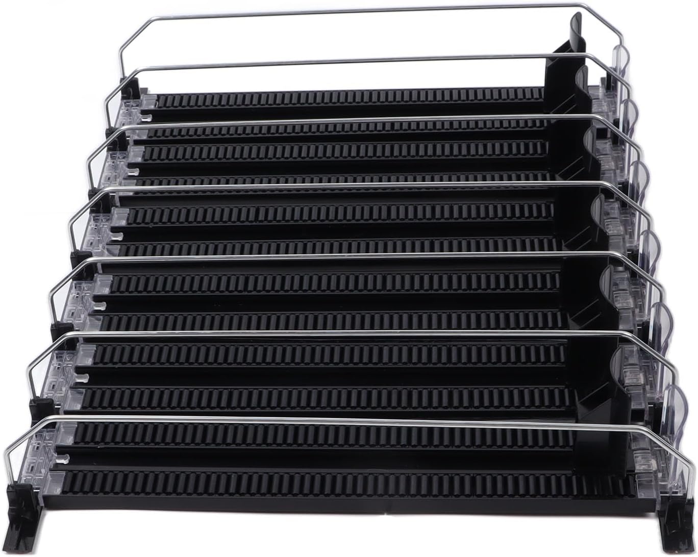 Self Sliding Cup Holder, 6 Rows, Adjustable Width, Spring Loaded, Easy to Slide, Large Capacity, 15 Refrigerator Drink Dispenser (Black)