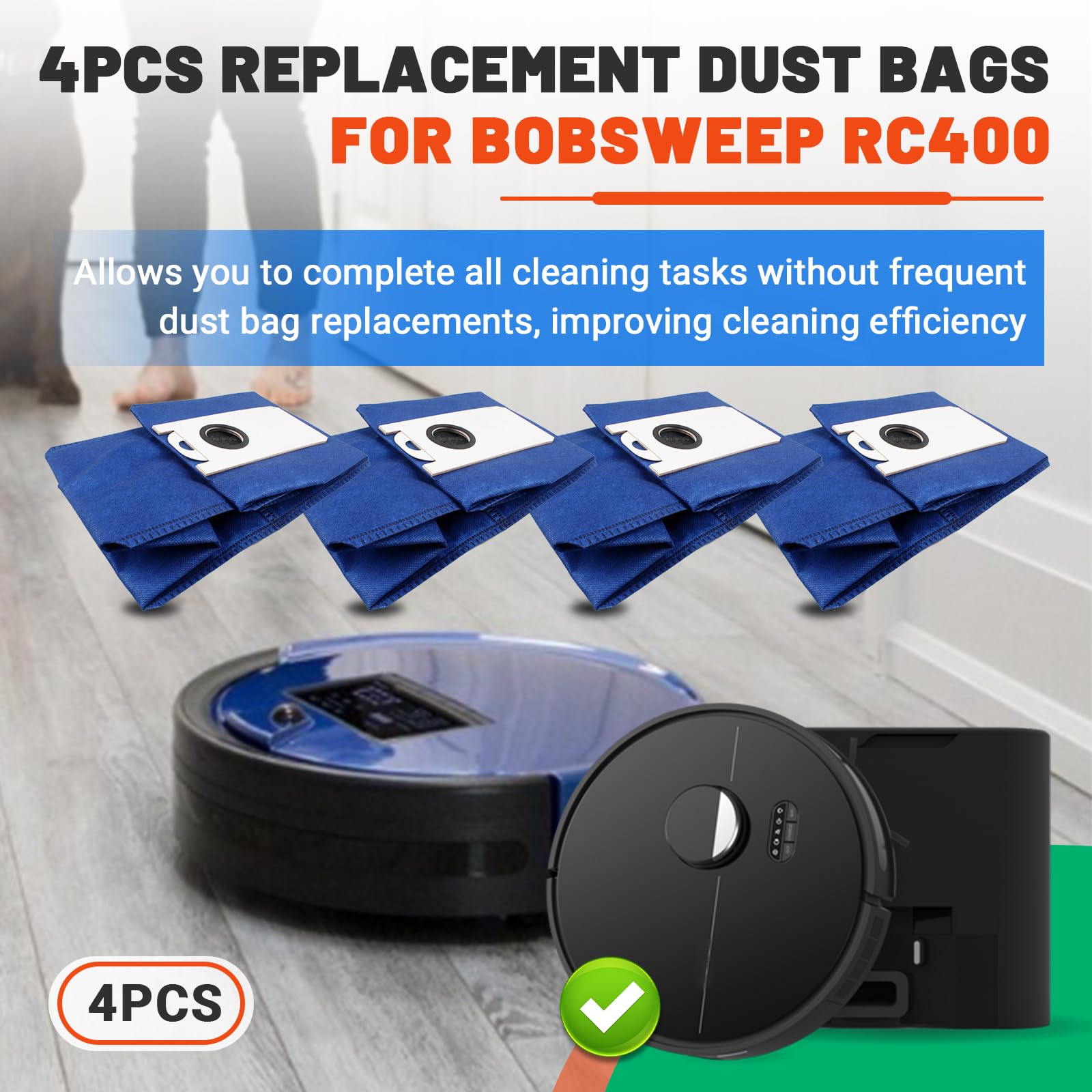 4 Pack 4.6L High-Capacity Reusable Dust Bags Compatible with RC400 Dustin and Orb-i Robot Vacuums, Replacement Dust Collector Bags