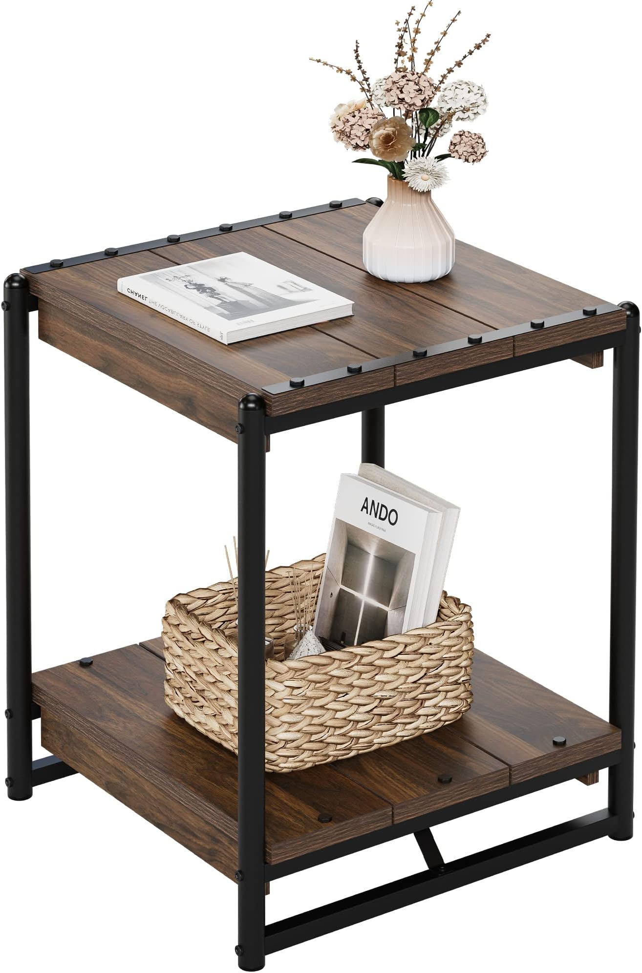 – 2 Tier Wood Square Side End Table, Nightstand with Storage Space, Coffee Tables for Office, Living Room, Bedroom, Small Narrow Space Sofa Table, Dark Walnut