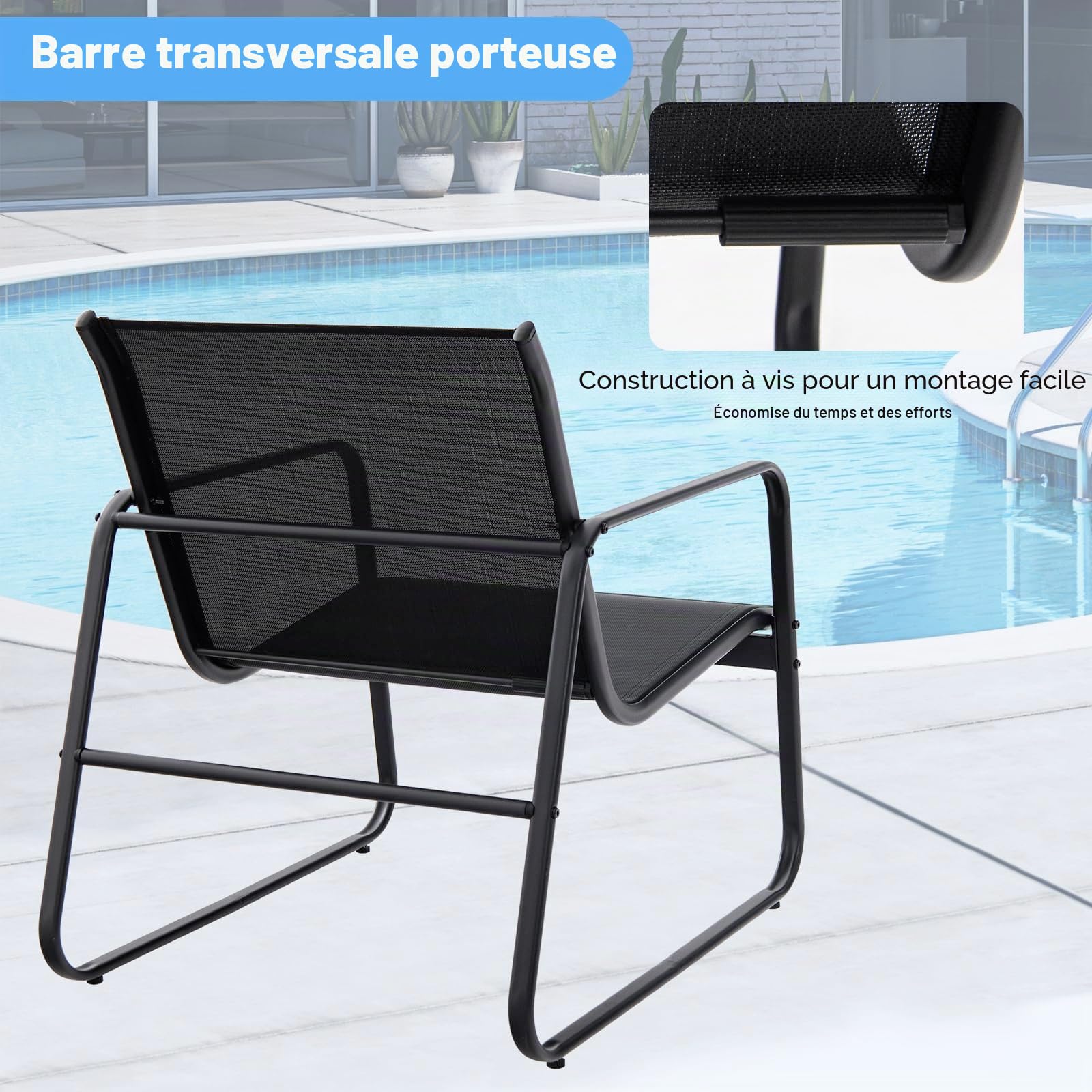 FANTASK Ensemble de Balcon 3 pièces en Tissu Respirant - Meubles de Jardin avec 2 chaises et Table pour terrasse et Balcon - Noir