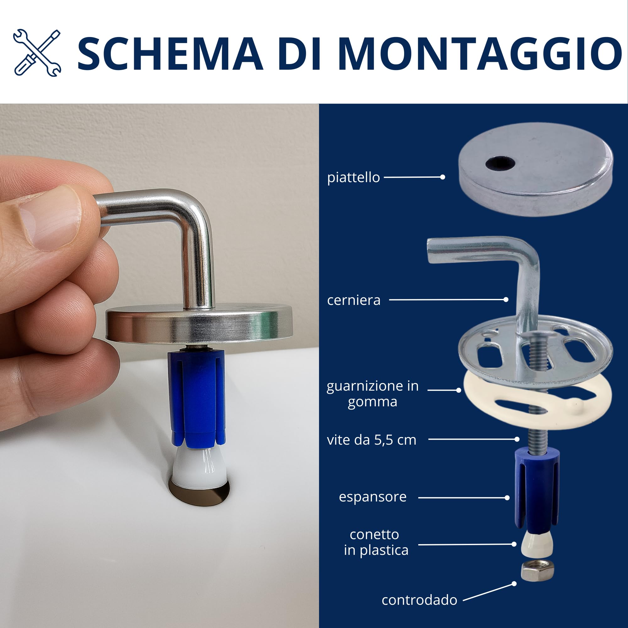 HYDRO HOME Kit 2 Cerniere Sedile WC Tavoletta WC, Regolabili in Acciaio Inox Cromo Lucido per Copriwater Termoindurente, Fissaggio dall’Alto, Ricambi Universali, Montaggio Facile, Made in Italy