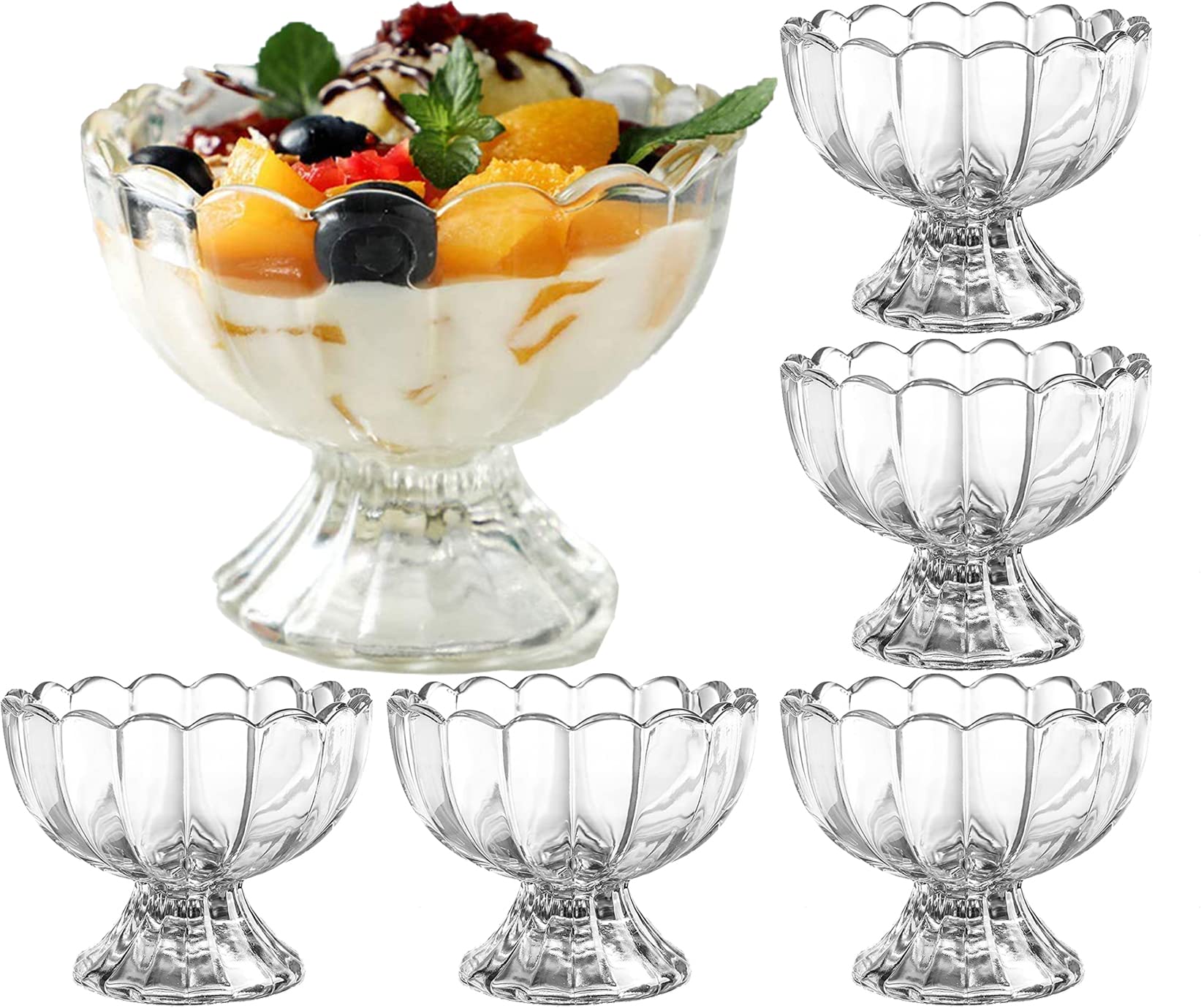 Dessert Bowls Set of 6 - Footed Glass Bowls for Ice Cream, Pudding, Trifle, Fruit, and Cocktail. Modern Designed For Birthday Parties, Super Bowl festivals, Christmas parties. Gift for Dessert Lover