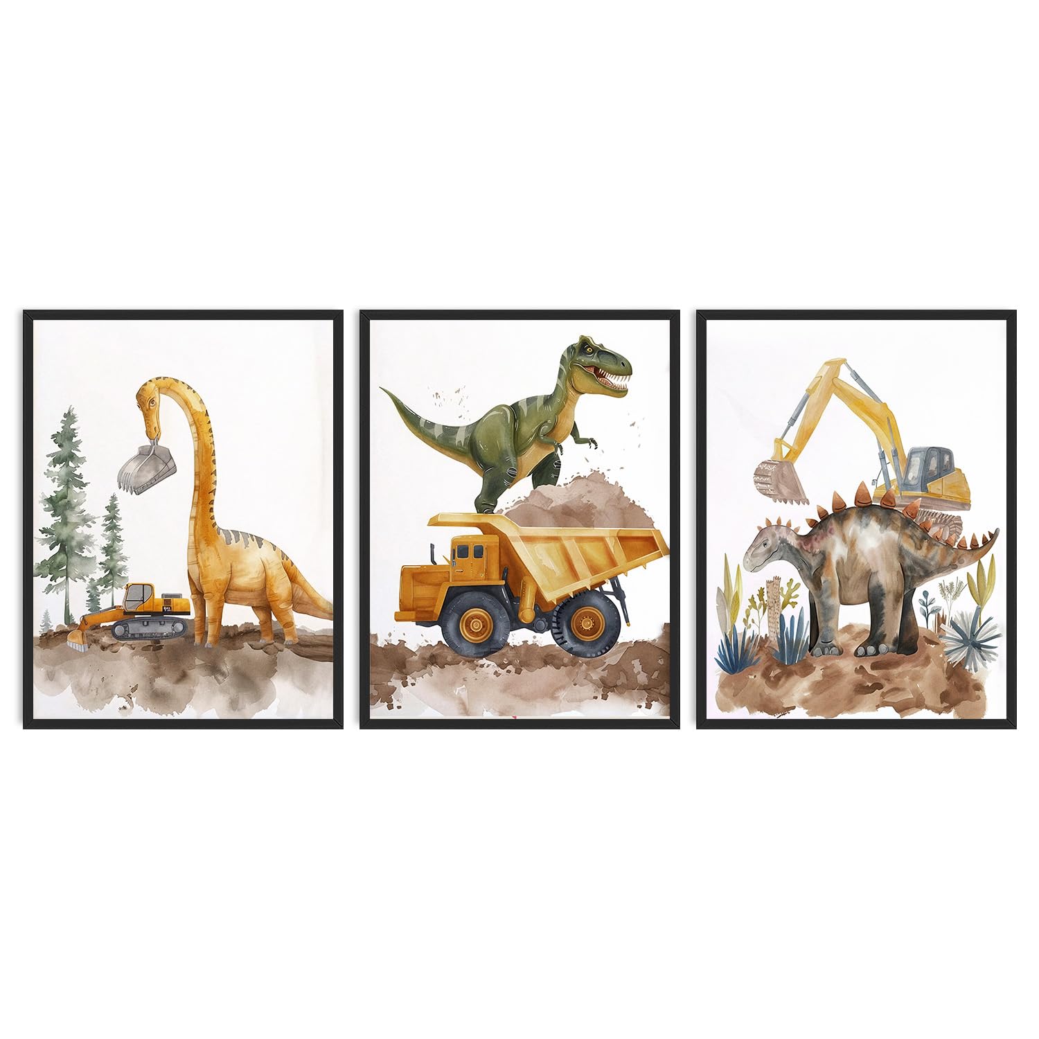 Dazzlewall 3Pcs Kids Dinosaur Wall Art Set, Construction Truck Posters for Toddler Bedroom Nursery Decor 12x16 in Unframed — image 1