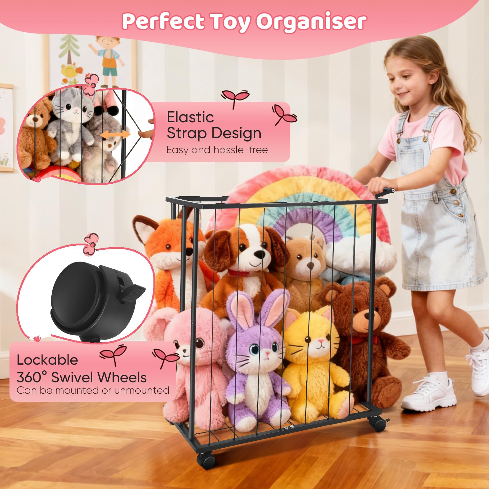 Rangement Mobile pour Peluches en Métal Noir, Organisateur de Jouets avec Cordes Élastiques, 83.6 x 65 x 32 cm, Zoo à roulettes pour Chambre d'enfant