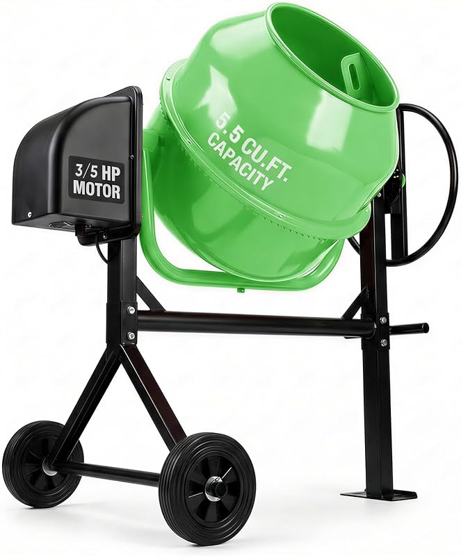 TABU 5.5 Cu.Ft. Cement Mixer, Electric Concrete Mixer Machine, Green | Freestanding Mixing Tools with Wheels&Stand, Heavy Duty, Mixing for Seeds/Stucco/Mortar
