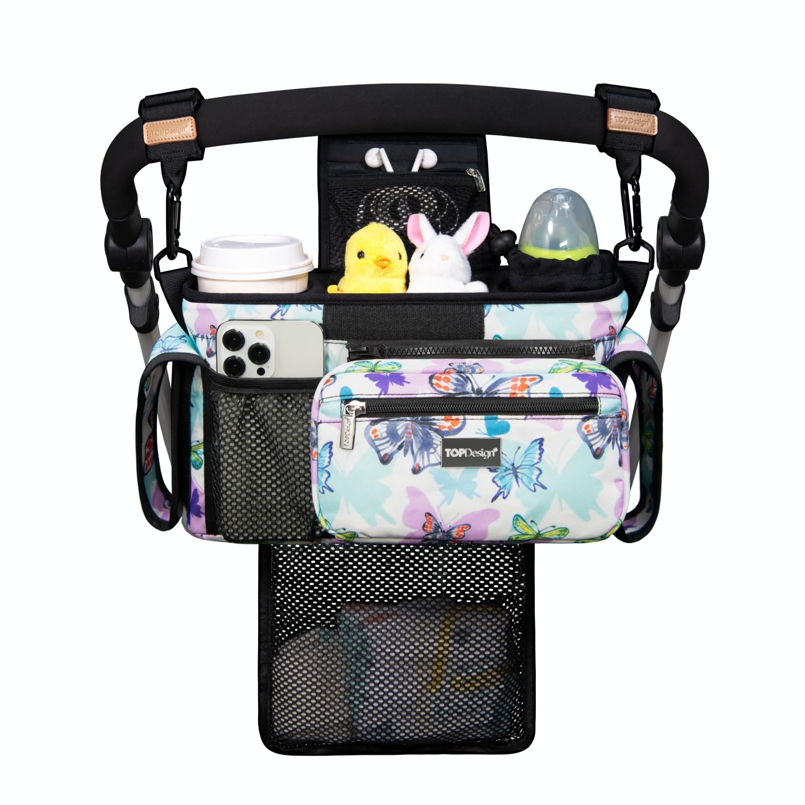 TOPDesign Universal Baby Stroller Organizer, Stroller Caddy with Detachable Mesh Bag & Heightened Insulated Cup Holders & Non-Slip Secure Hooks