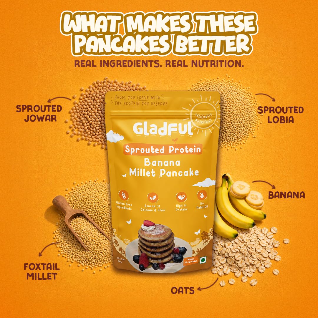 Gladful Banana Millet Pancake, No Maida, No Palm Oil, No Refined Sugar, Gluten Free, High Protein, Low Carbs, Low Gi Millet Grain, Eggless 300 Grams (Pack Of 2) - Banana 2
