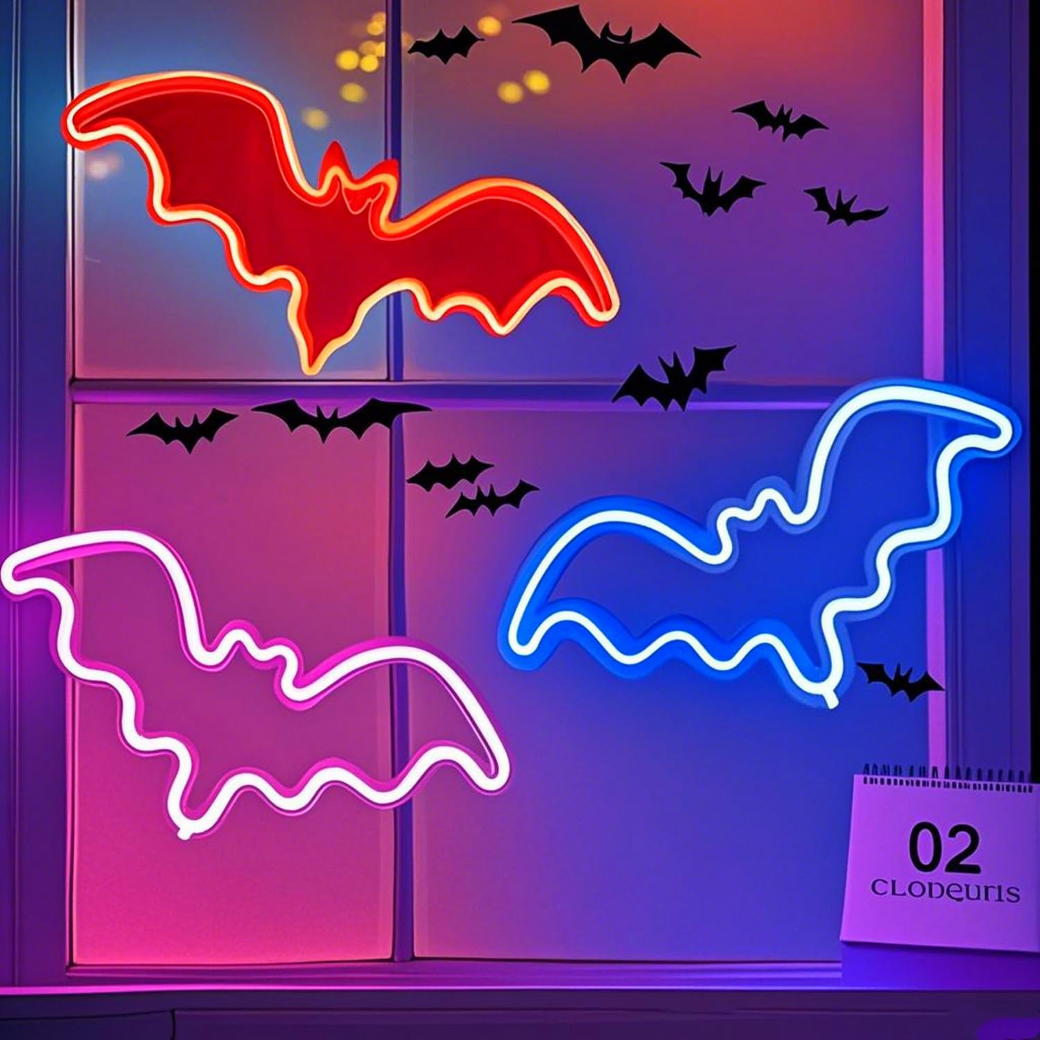 3Pcs Bat Halloween Neon Signs for Bedroom Bedside Dorm Wall Decor,Battery Powered Neon Light up Halloween Decor LED Night Lights Table Ornaments for Christmas Party(Red Pink Blue)