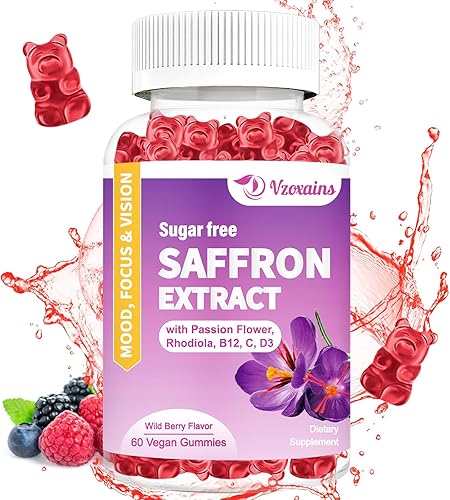 Gomitas de azafrán sin azúcar, suplemento de azafrán con flor de la pasión, rodiola, ashwagandha, vitamina B12 y D3, visión ocular, enfoque, estado