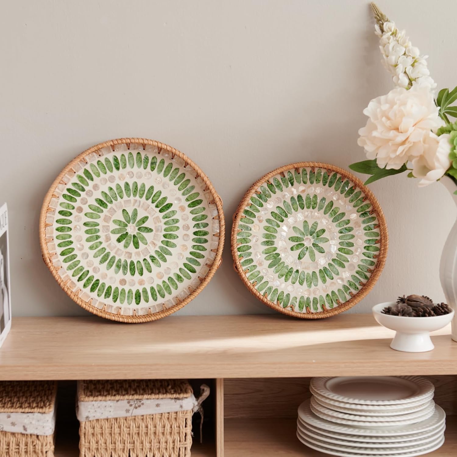 YANGQIHOME Round Serving Tray with Decorative Mother of Pearl Inlay, Wicker Tray for Home Decor, Table Decor, Gifts, Dining, Woven Tray for Food, Fruit, Coffee, 13.8 inch - Image 4