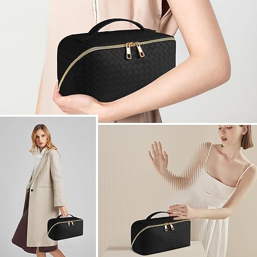 Miniatura 6 de Yooumoga Bolsa de cosméticos de gran capacidad, bolsa organizadora de maquillaje con doble cremallera, bolsa de maquillaje a cuadros de cuero