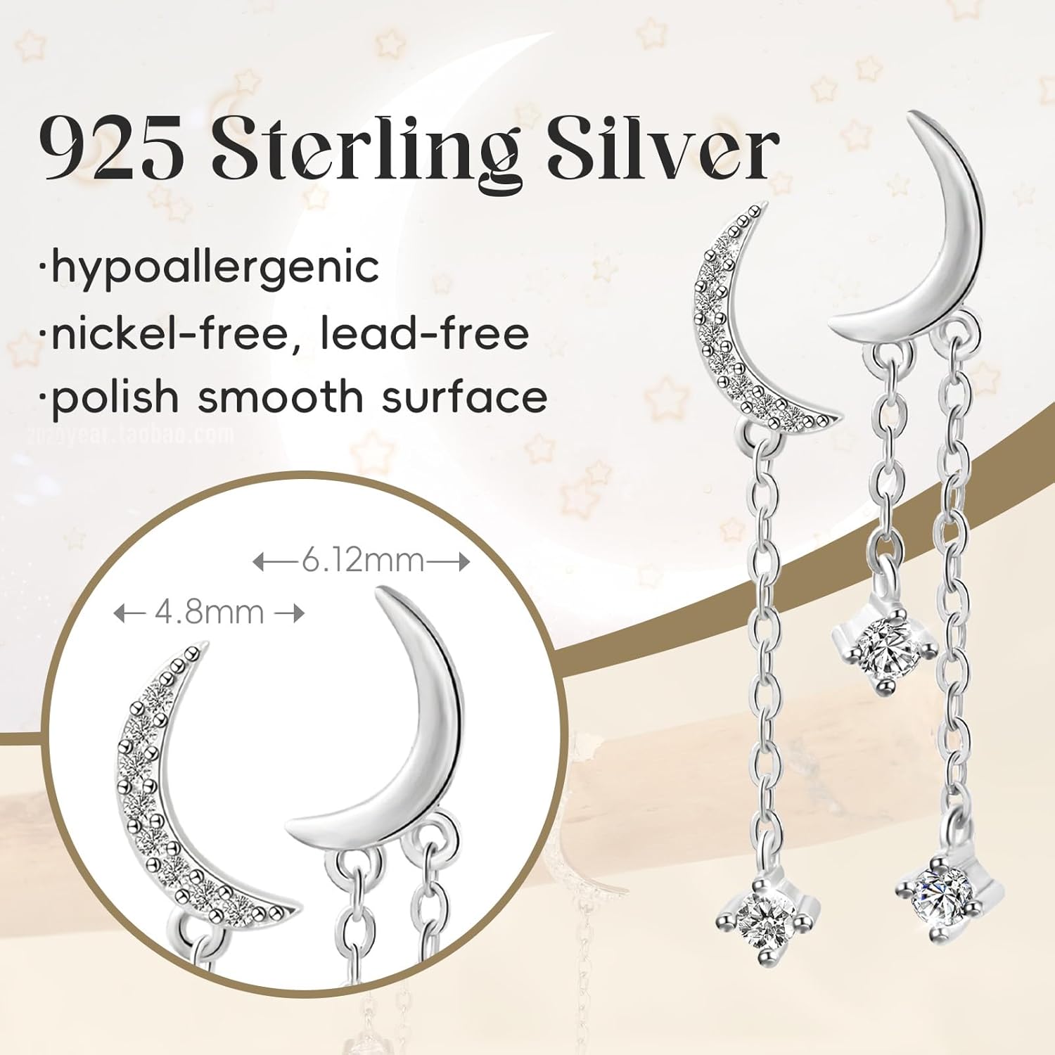 925 Sterling Silver Moon and Star Dangle Earrings for Women Asymmetrical Danity Earrings Moon Star Cubic Zirconia Drop Stud Celestial Gift for Her - Image 2