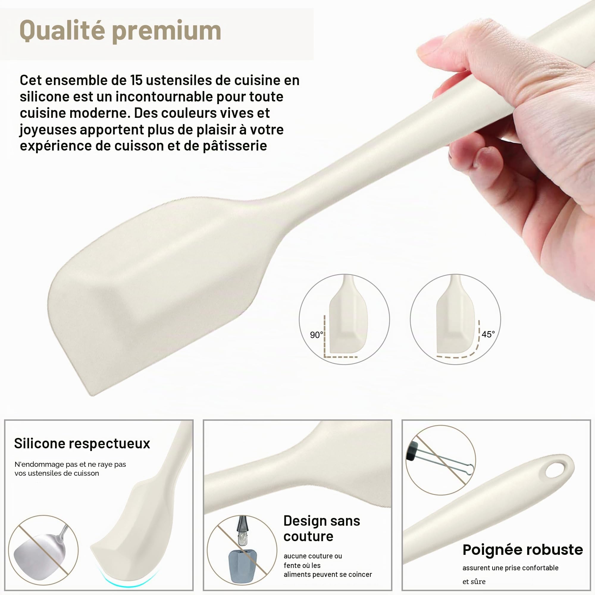 Joyfair Lot de 15 ustensiles de cuisine en silicone résistants à la chaleur avec porte-ustensiles, ustensiles de cuisine antiadhésifs, passe au lave-vaisselle, blanc
