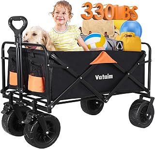Folding Wagon Collapsible Beach Cart Heavy Duty Outdoor Foldable Utility Garden Carts, 330LBS Weight Capacity, Big All-Terrain Wheels,Cup Holders for Travel, Camping, Picnic, Sports, Shopping, Black