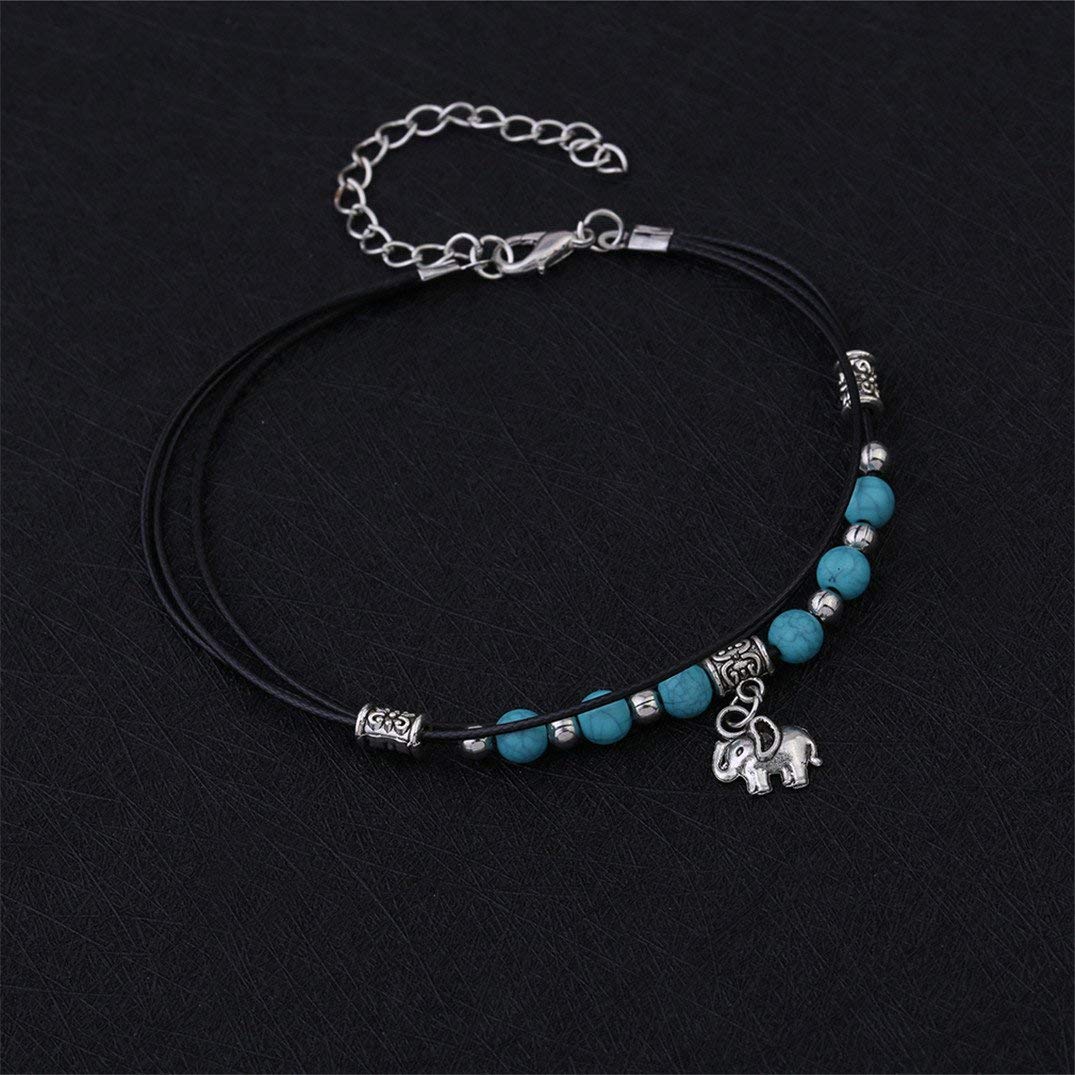Braccialetti alla Cavigliera Regolabili per Donna, Cavigliera da Donna con Perline Turchese Intrecciate Fatte a Mano con Elefante, Cavigliera Estiva da Spiaggia Catena del Piede Portatile e Utile