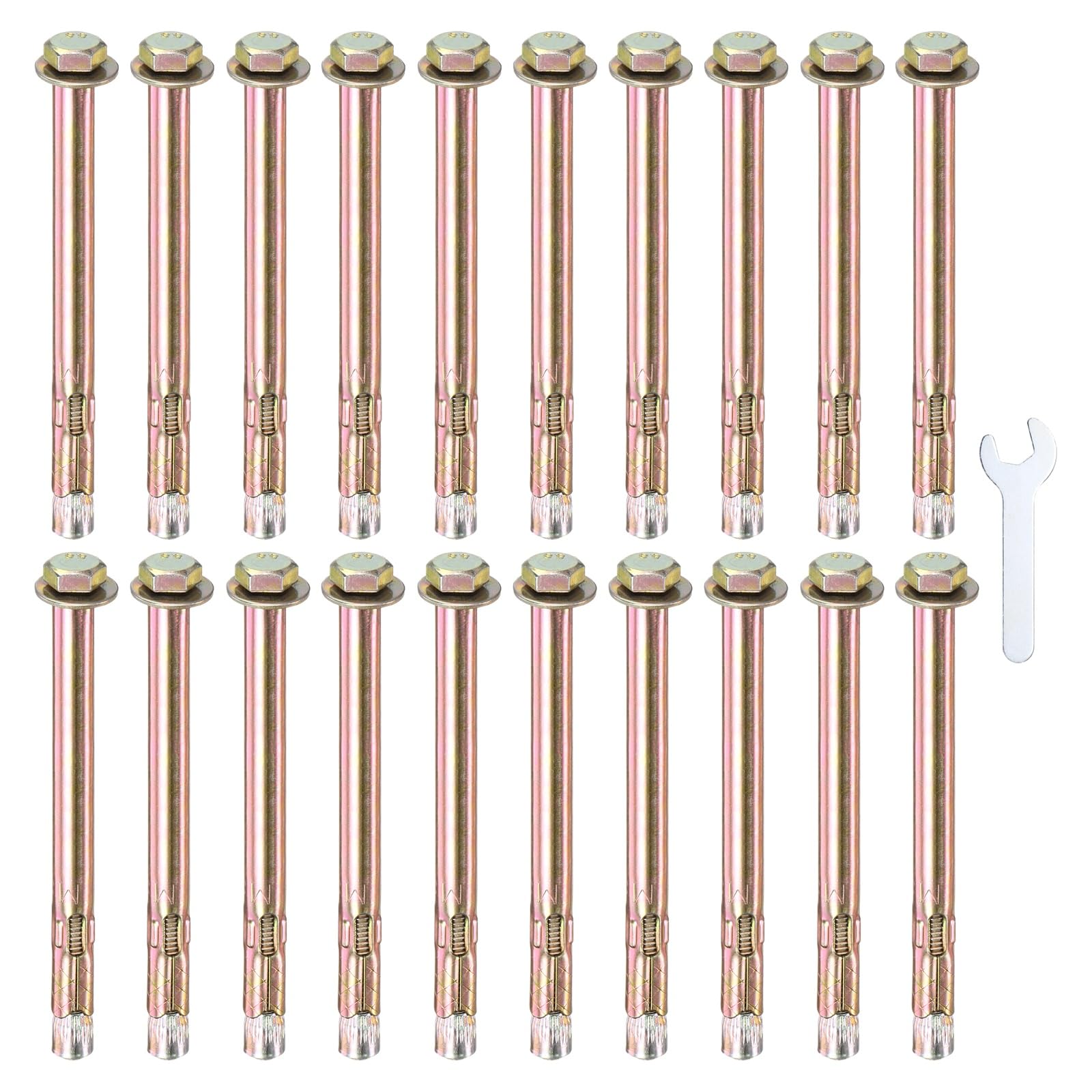 M METERXITY 20-Pack Hex Expansion Bolt, M6x100mm Colored Galvanized Iron-Carbon Steel External Hex Expansion Bolts W/ 10mm Wrench, Anti-Corrosion Metal Bolt for Concrete/Dry Brick/Block Walls