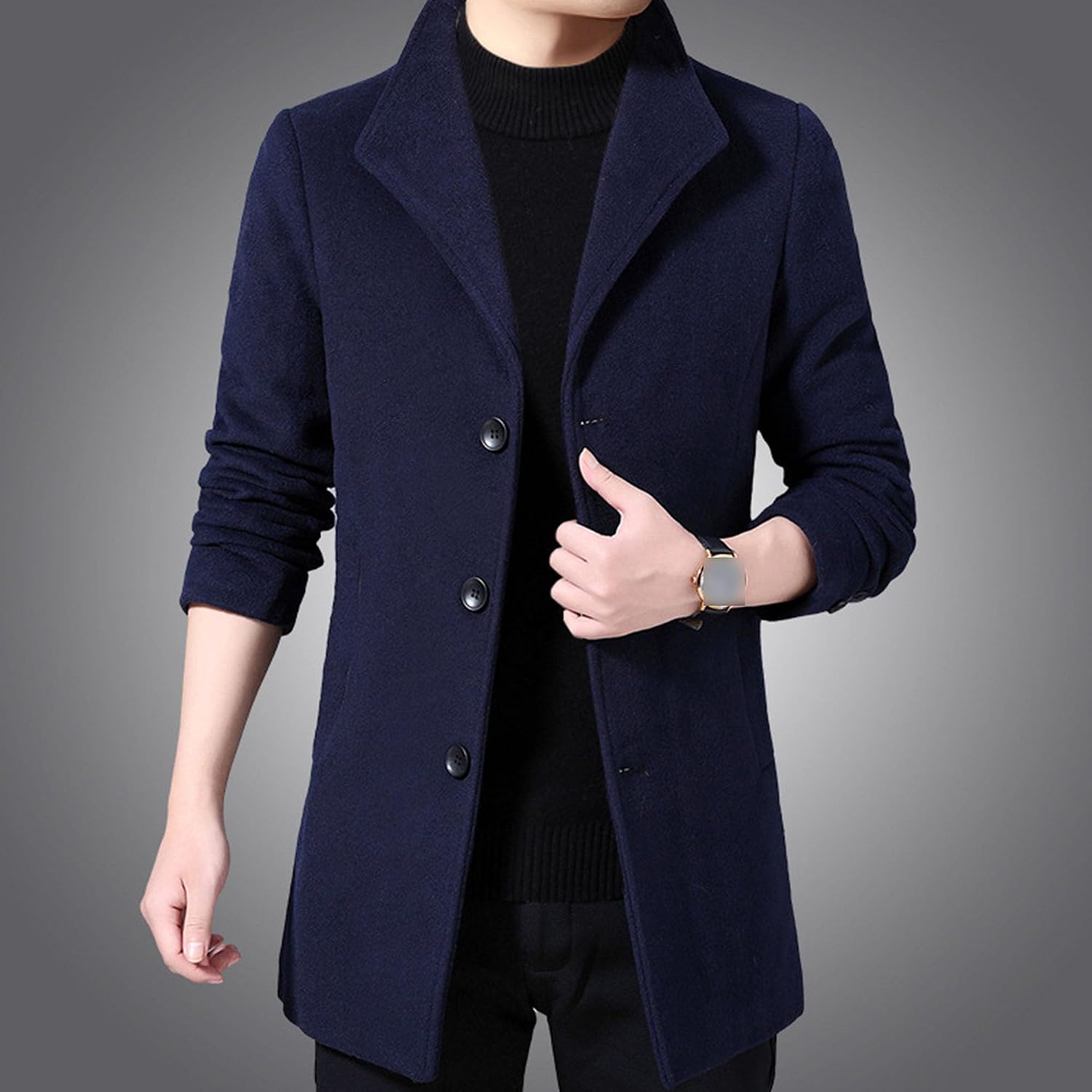 Men's Wool Blend Pea Coat Warm Winter Classic Business Trench Coat Single Breasted Overcoat With Pockets