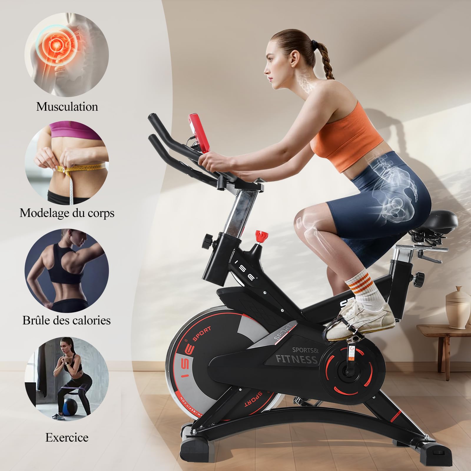 ISE Velo d appartement, Ergonomie Cardio-Training, Exercise Bike, Velo Appartement Fitness, Multifonction Ecran/Impulsion, Vélo d'Appartement Selle/Guidon Hauteur Réglable, Vélo Appartement à Domicile