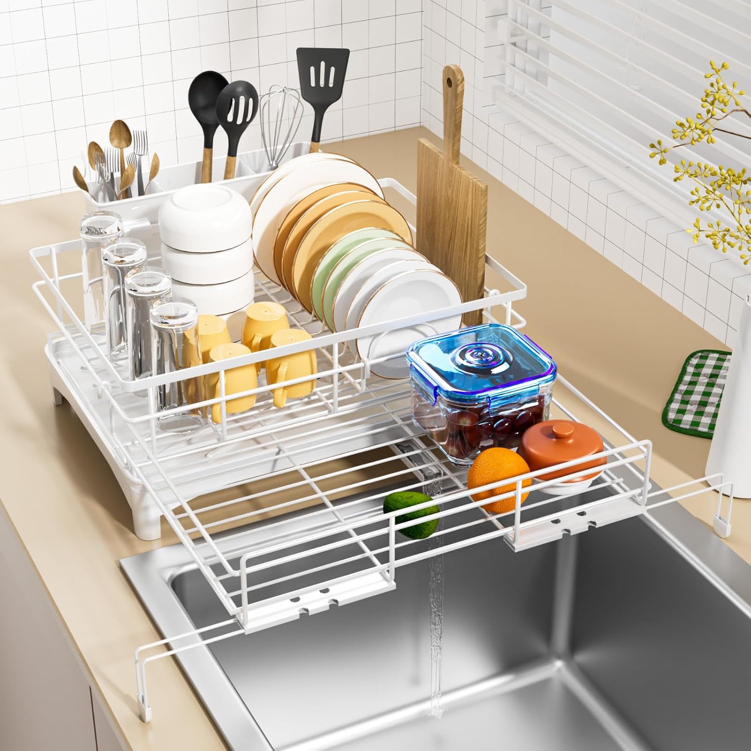 Dish Drying Rack - Expandable Dish Rack, Large Capacity Dish Drainer for Kitchen Counter, Rust-Proof with Utensil Holder, White