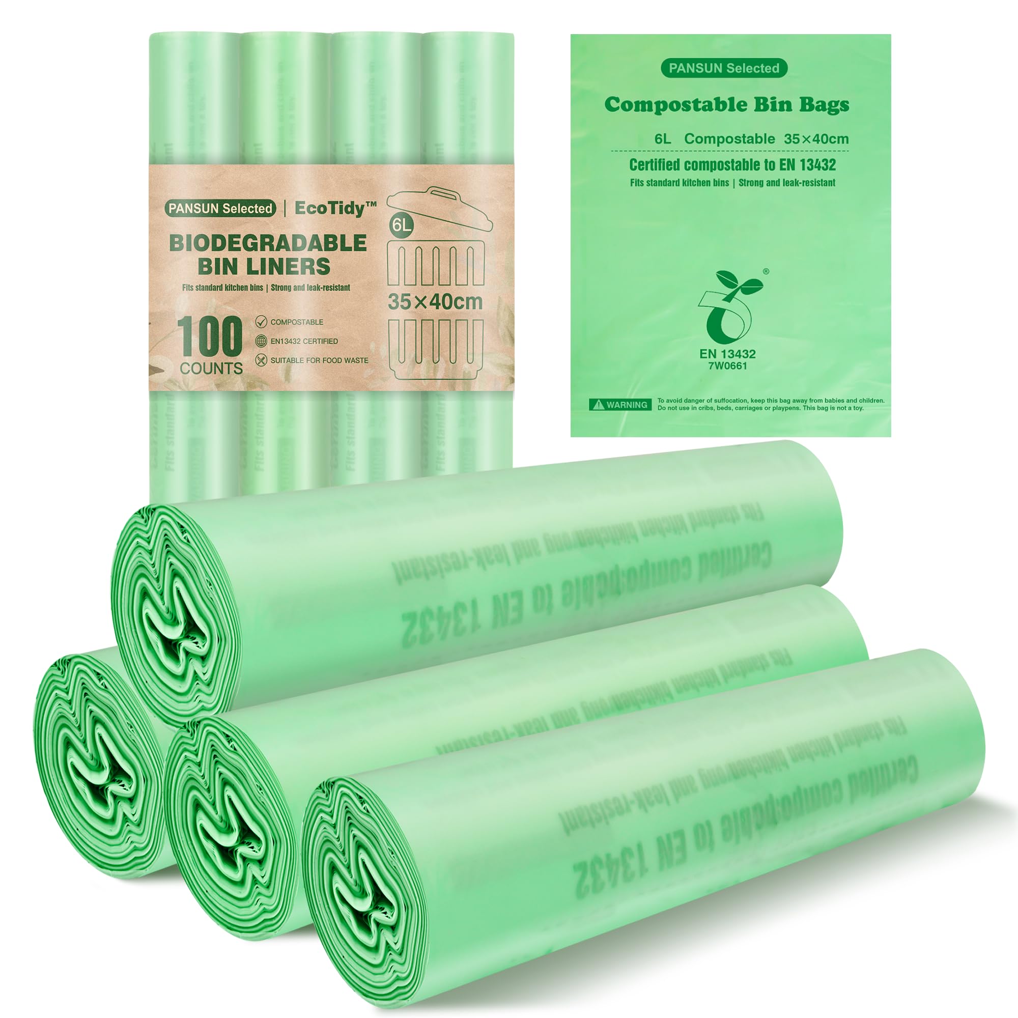 PANSUN Selected Compostable Food Waste Bags 100 Counts 6L Small Bin Bags, Biodegradable Caddy Liners for Kitchen Food Bin, Bathroom, Office & Bedroom, Eco-Friendly & Unscented-image-48