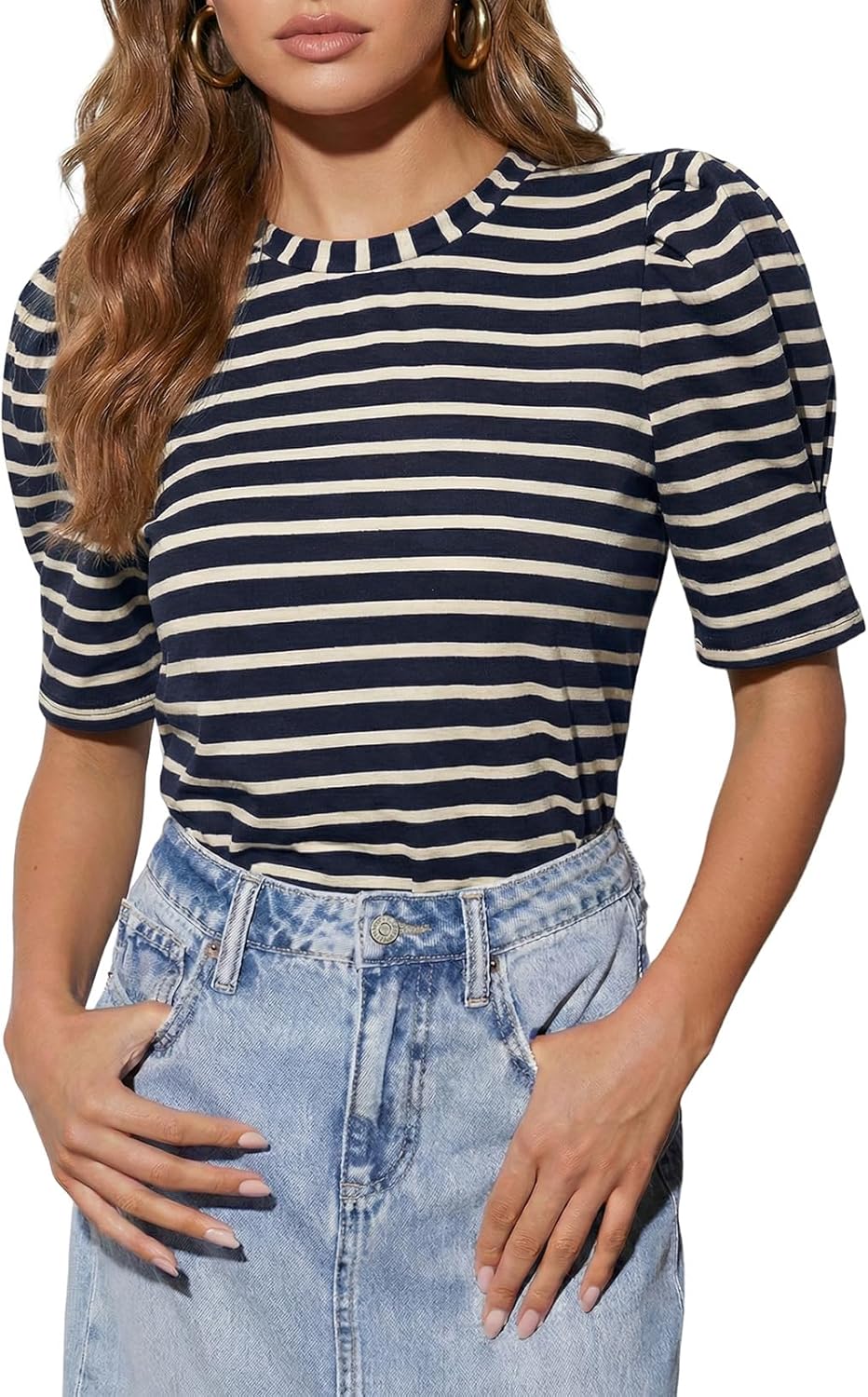 Dokotoo Women's Casual Short Puff Sleeve Crew Neck Striped T Shirts Summer Tops - Image 2