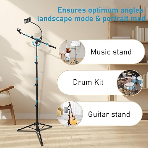 Miniatura 5 de GUITTO Soporte de suelo para micrófono con soporte para teléfonotableta, soporte de micrófono ajustable con base resistente, soporte de dispositivo