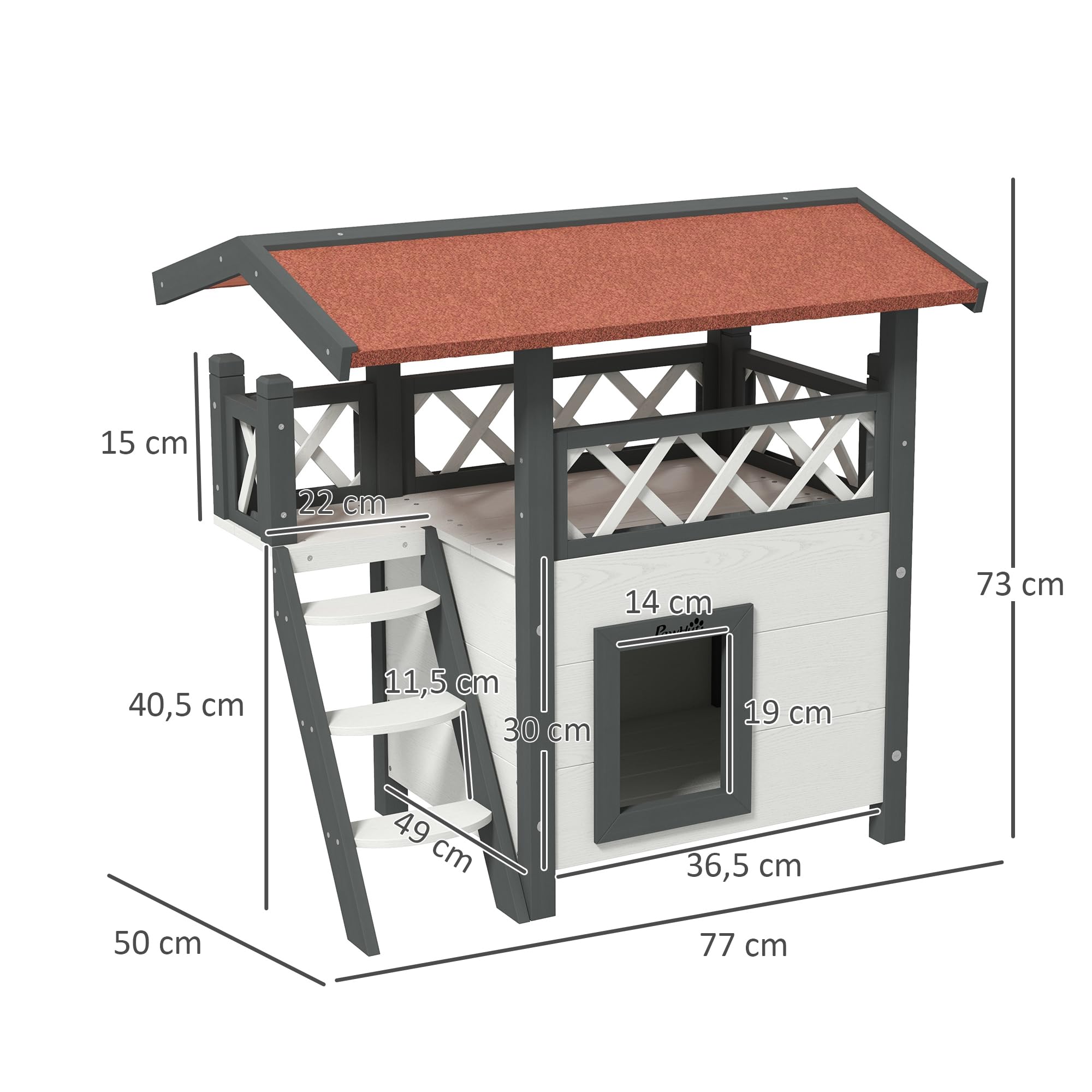 PawHut Casa para Gatos de Madera 77x50x73 cm de 2 Niveles, Caseta para Gatos, Refugio con Techo Asfáltico, Balcón y Escalera, para Exterior, Blanco