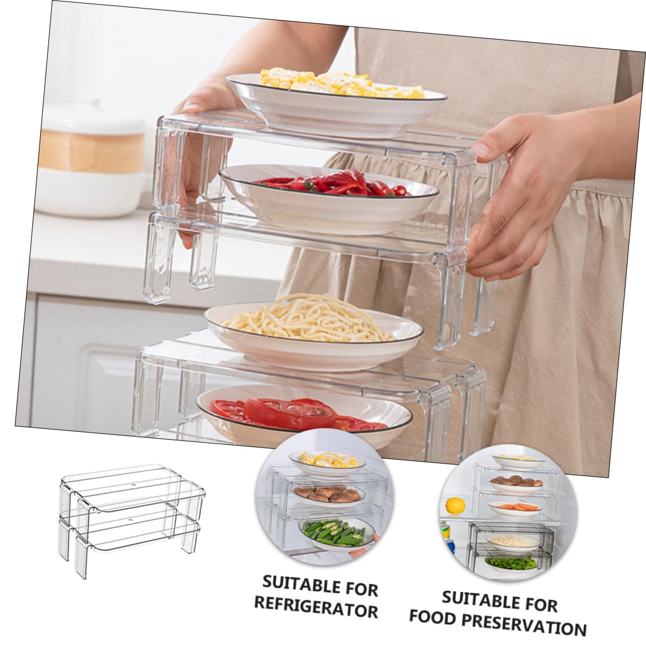 2pezzi Ripiani Trasparenti Impilabili Per Frigorifero Organizer Rimovibili Per Cucina e Ufficio Struttura Flessibile Per Riporre Alimenti e Accessori Facile Da Installare e Pulire