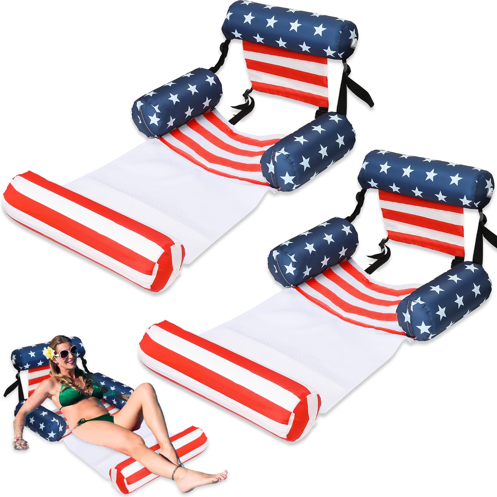 Photo 1 of ***POSSIBLY FOR PARTS HAS DAMAGES**** 2 Pack 2 in 1 Inflatable Pool Floats Lounge with Leg Arm Rests Fabric Floating Lounger Chairs Blow up Pools Noodles for Adult Heavy Duty Float Chair for Party Summer Water Beach Lake(American Flag)