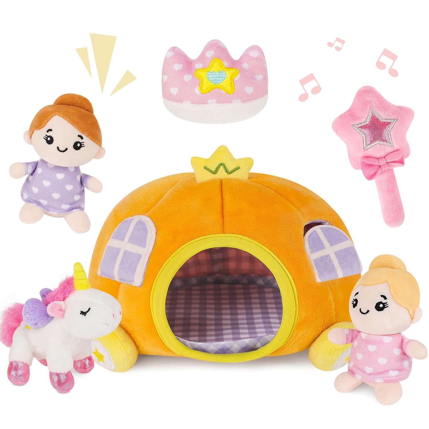 Baby Toys 6-12 Months - Fairy Tale Sensory Toys, Plush Pumpkin Carriage with 2 Princess Dolls, Unicorn, Montessori Toys with Squeaker, Rattle & Crinkle, Toddler Toys, Baby Girl Gifts