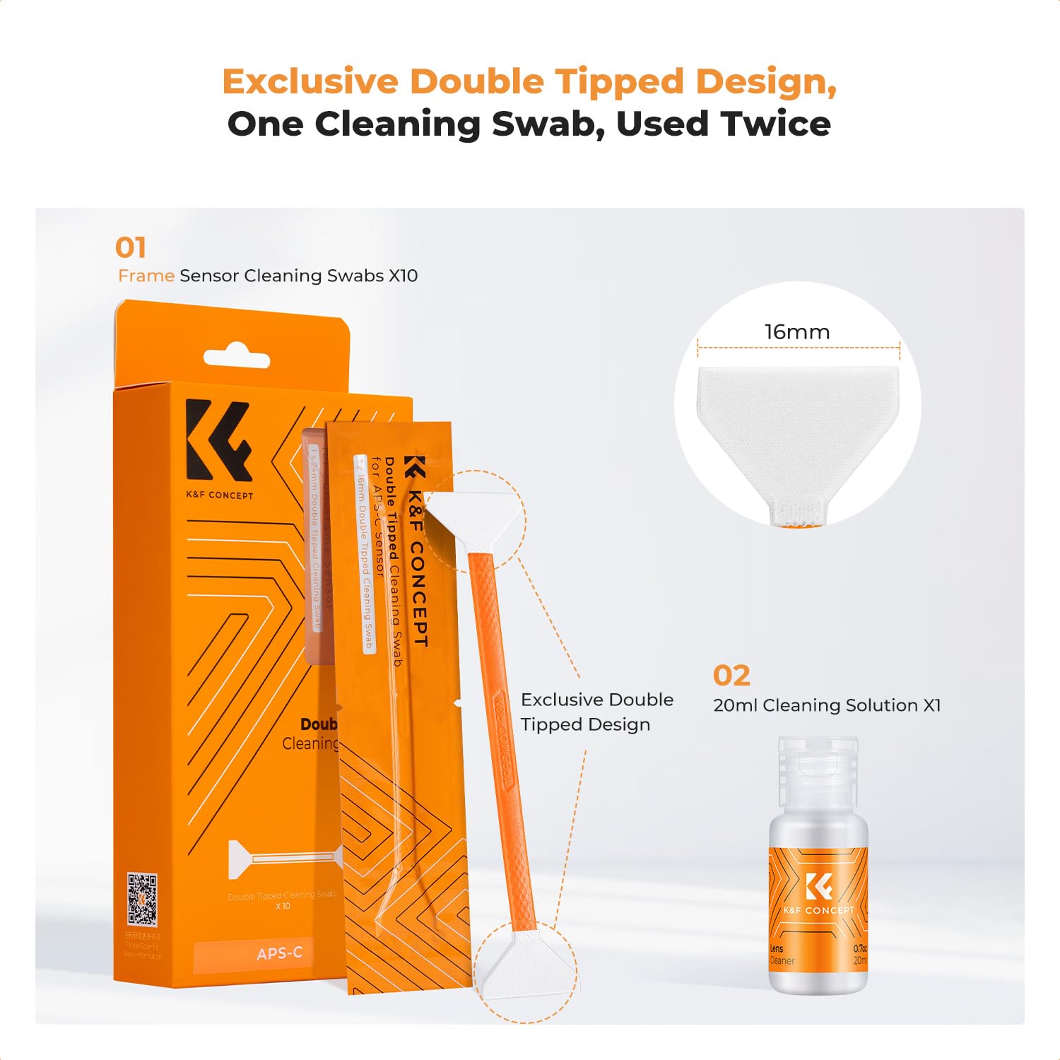K&F CONCEPT 16mm APS-C Sensor-Reinigungsset, Kit für spiegellose Digitalkameras, Enthält 20ml Reiniger & 10 doppelseitige Swabs für APS-C CMOS & CCD Sensoren, Perfekt für Kameraobjektivreinigung