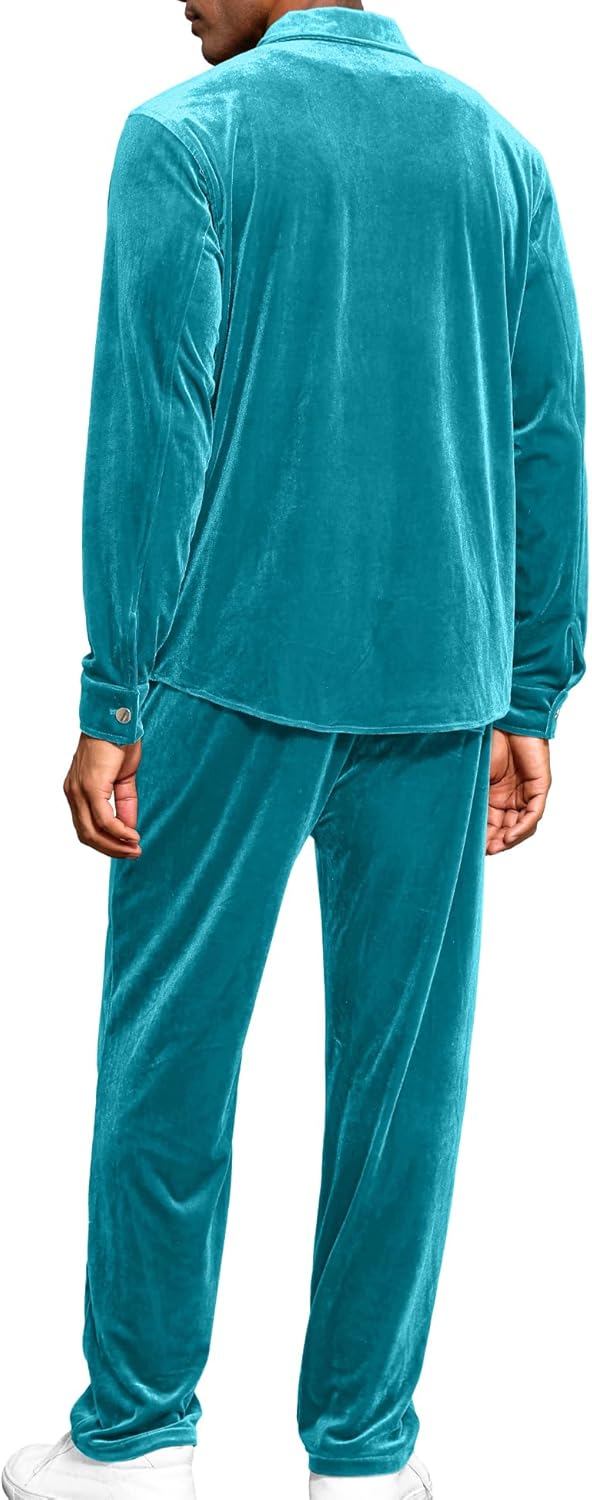 LecGee Men Fall Casual Sets Velvet Long Sleeve Button Down Shirt Elastic Waist Velour Pants 2 Piece Outfits Tracksuit - Image 3