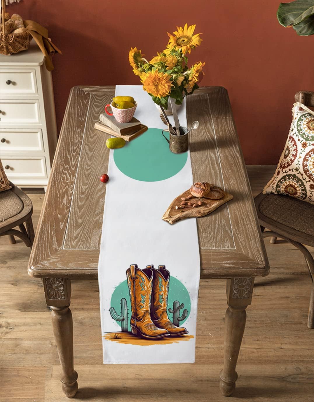 Dining Table Runner Dresser Scarves, Vintage Brown Cowboy Shoes with Cactus Table Runners 108 inches Long,Non-Slip Washable Coffee Table Runners for Wedding Holiday Party Table Decoration