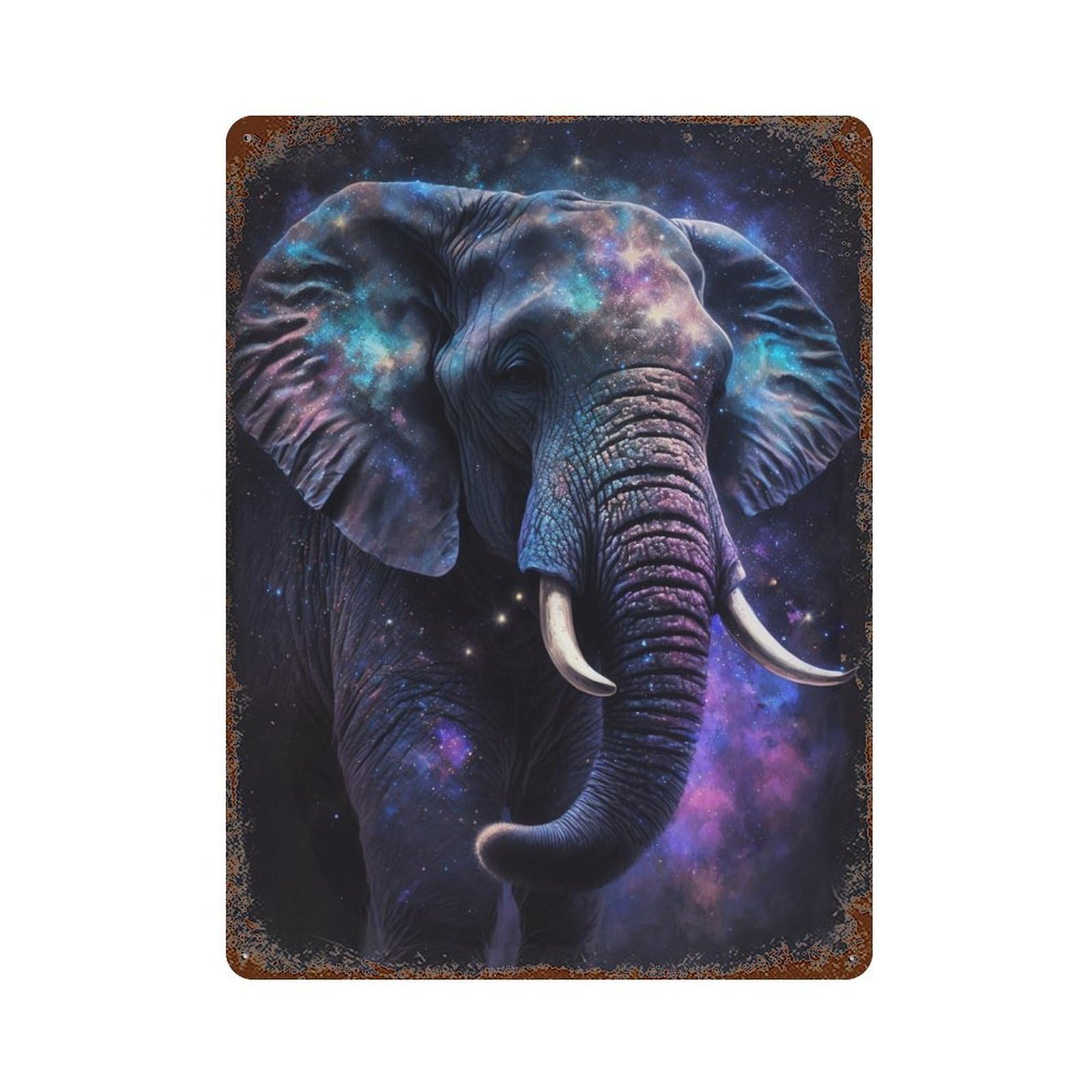Distressed Metal Wall Sign with Galactic Elephant Art Print Design 15.7"x11.8", for Shed, Workshop And Garage Wall Decor, Decorative Metal Wall Art