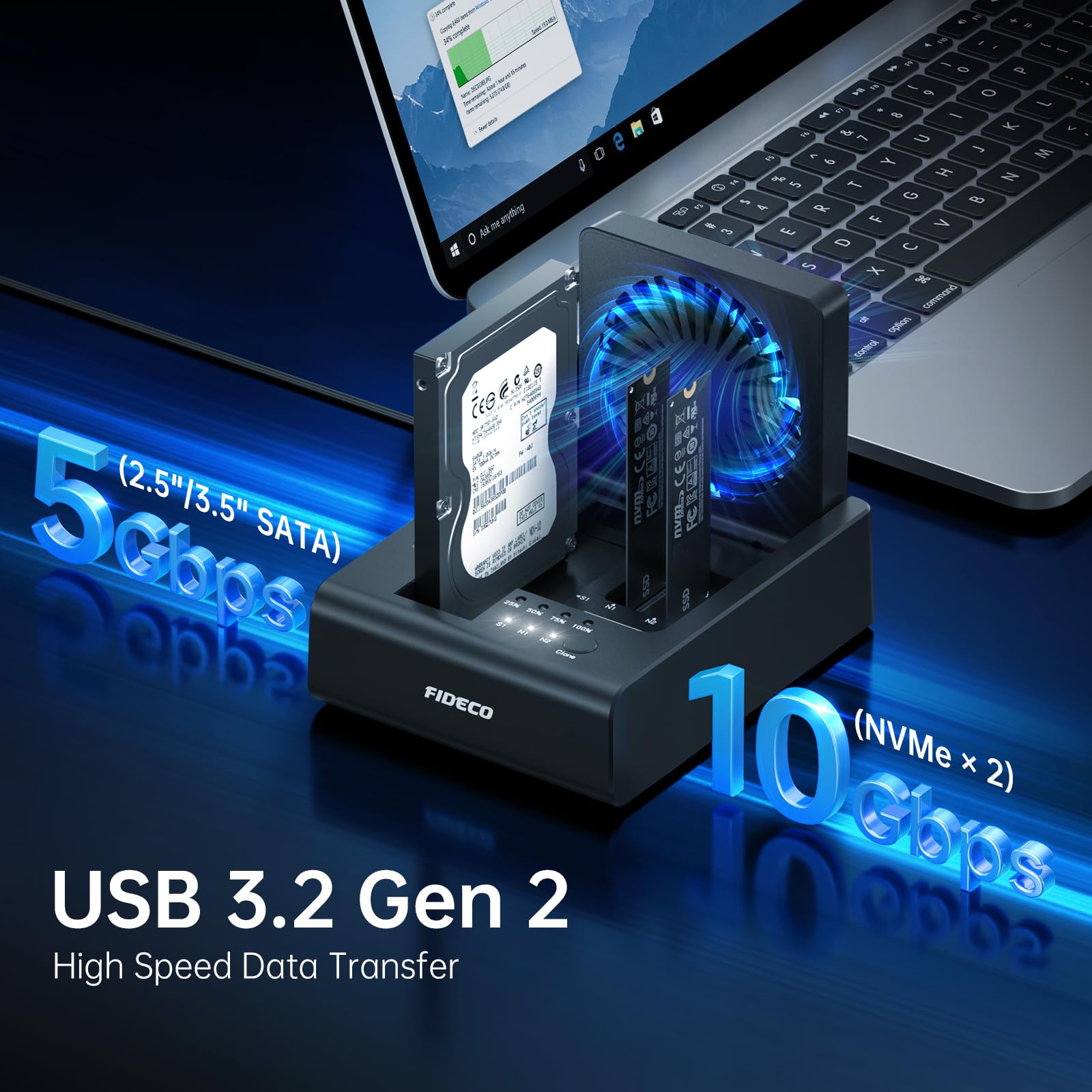 FIDECO Estación de Clonación para HDD y SSD NVMe M.2, USB 3.2 Gen 2 (10Gbps), Estación Clonadora de 3 Bahías para SSD NVMe M.2 y Discos Duros SATA 2,5"/3,5", con Ventilador Abatible