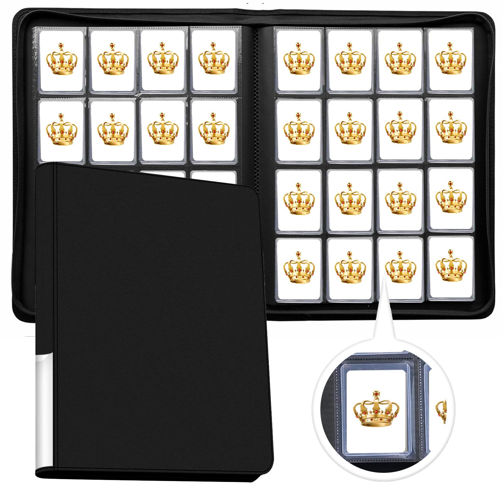 Premium 16 Pocket Toploader Binder Holds 640 Cards, Ringless Design Side-Load Toploaders Holder for 3"x4" Top Loader Trading/Sports Cards (Black)