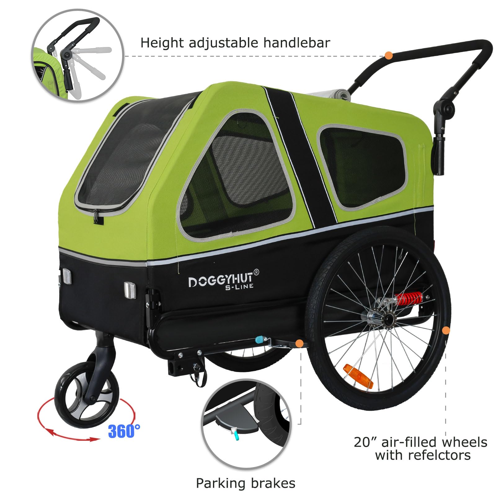 Doggyhut S-Line XL Hundeanhänger & Hundebuggy mit Federung 2 in 1 Hunde Fahrradanhänger Jogger gefedert bis 45 kg