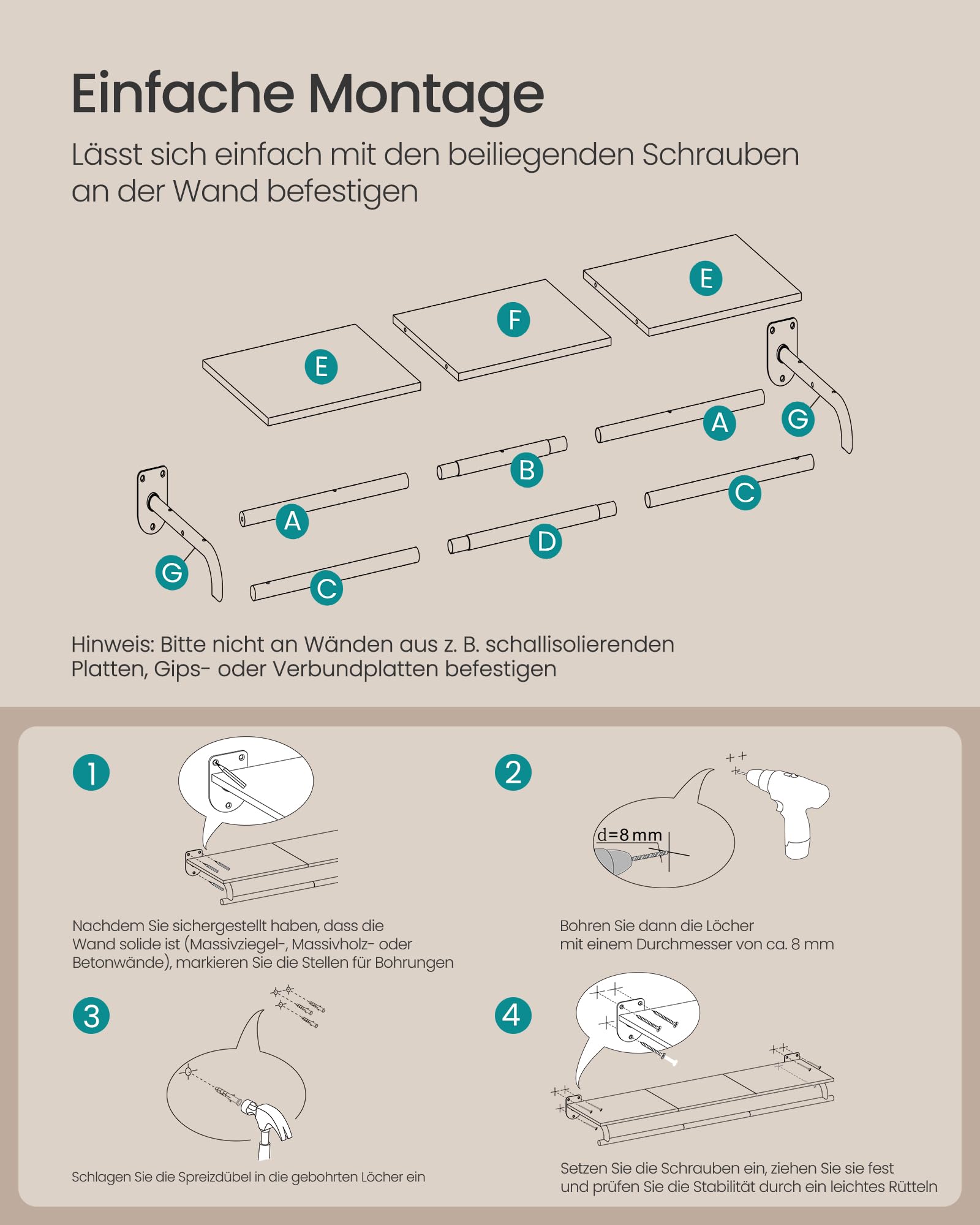 SONGMICS Wandgarderobe, Garderobe, Wandregal mit Kleiderstange, Gesamtbelastbarkeit 35 kg, 28 x 109 x 13,2 cm, für Schlafzimmer, Ankleidezimmer, vintagebraun-tintenschwarz HSR135B01