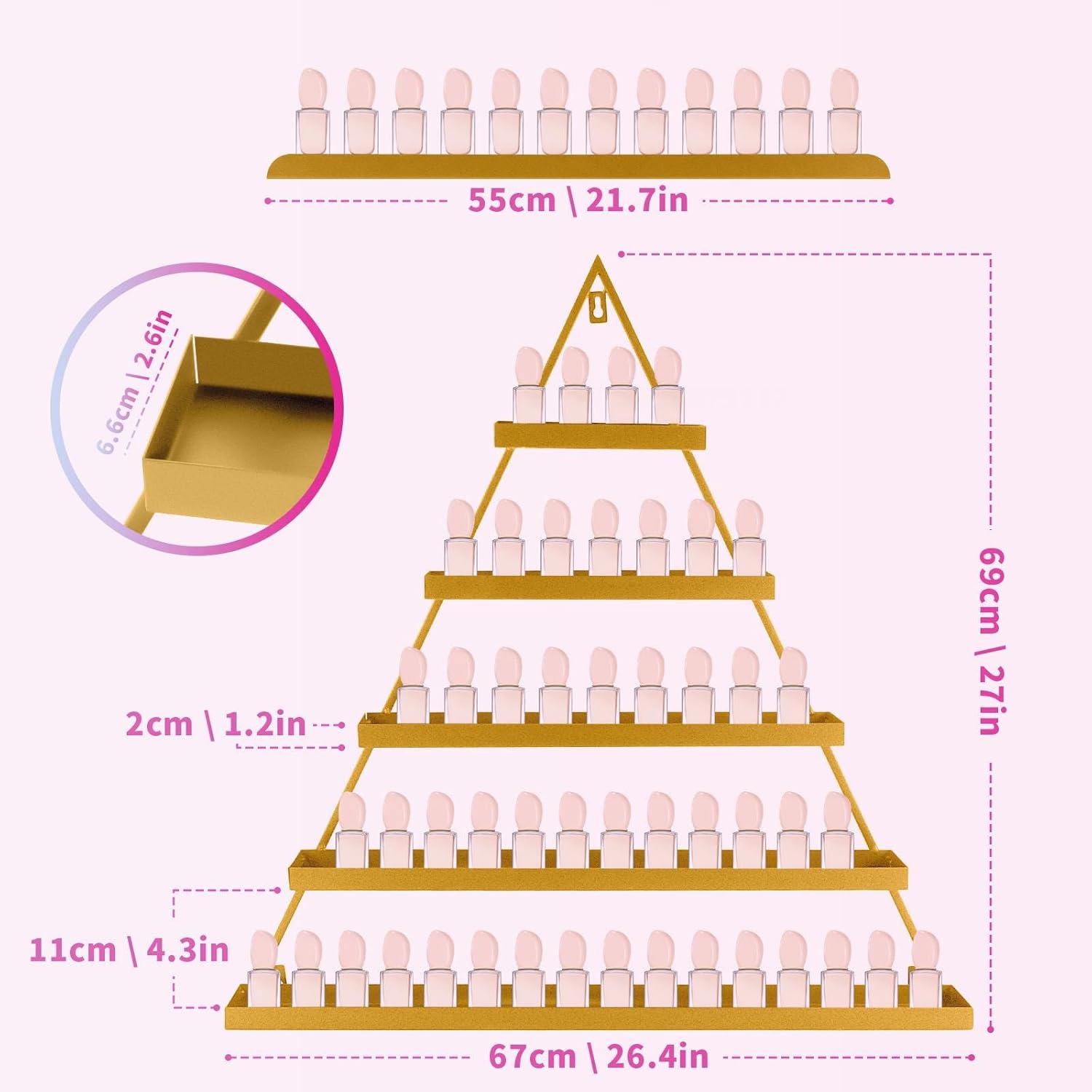 Wall Nail Polish Organizer 5 Tiers - 10pcs Nail Polish Shelf for Walls - Versatile Nail Polish Wall Organizer for Makeups Lipstick Perfume Display in Spa Nails Salon Shop, Easy Installation (Gold)