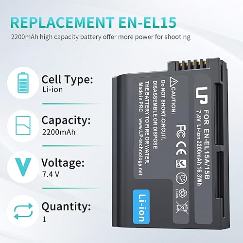 Vista 11 de Paquete de baterías EN-EL15, LP EN-EL15 EN EL15a, batería de repuesto recargable de iones de litio compatible con Nikon D7500, D7200, D7100, D7000