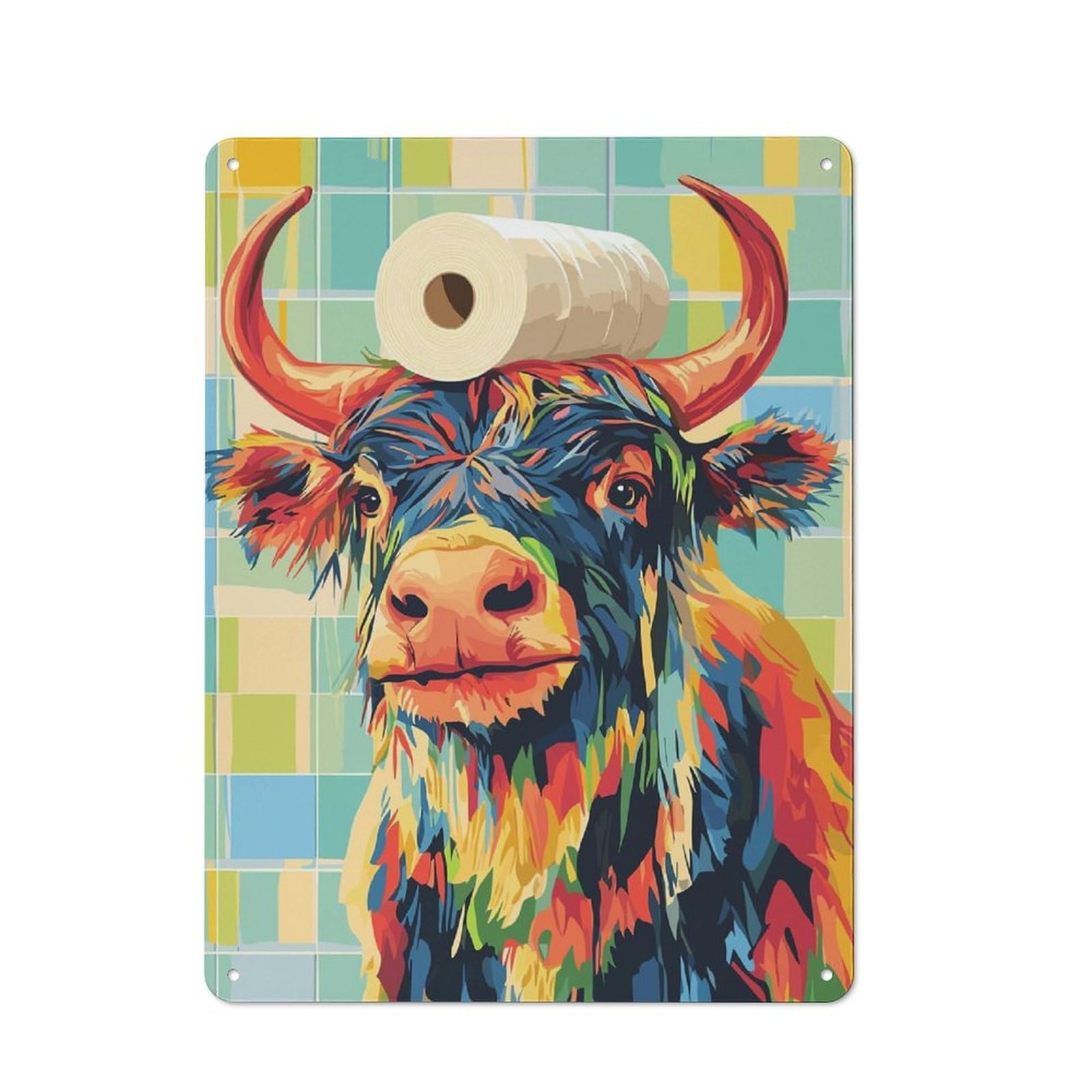 Junmoney Style-2 Vintage Metal Sign 40X30cm Featuring Colorful Cow With Toilet Paper Hat For Pub Or Café, Wall Decor For People Reorganising Pub And Café