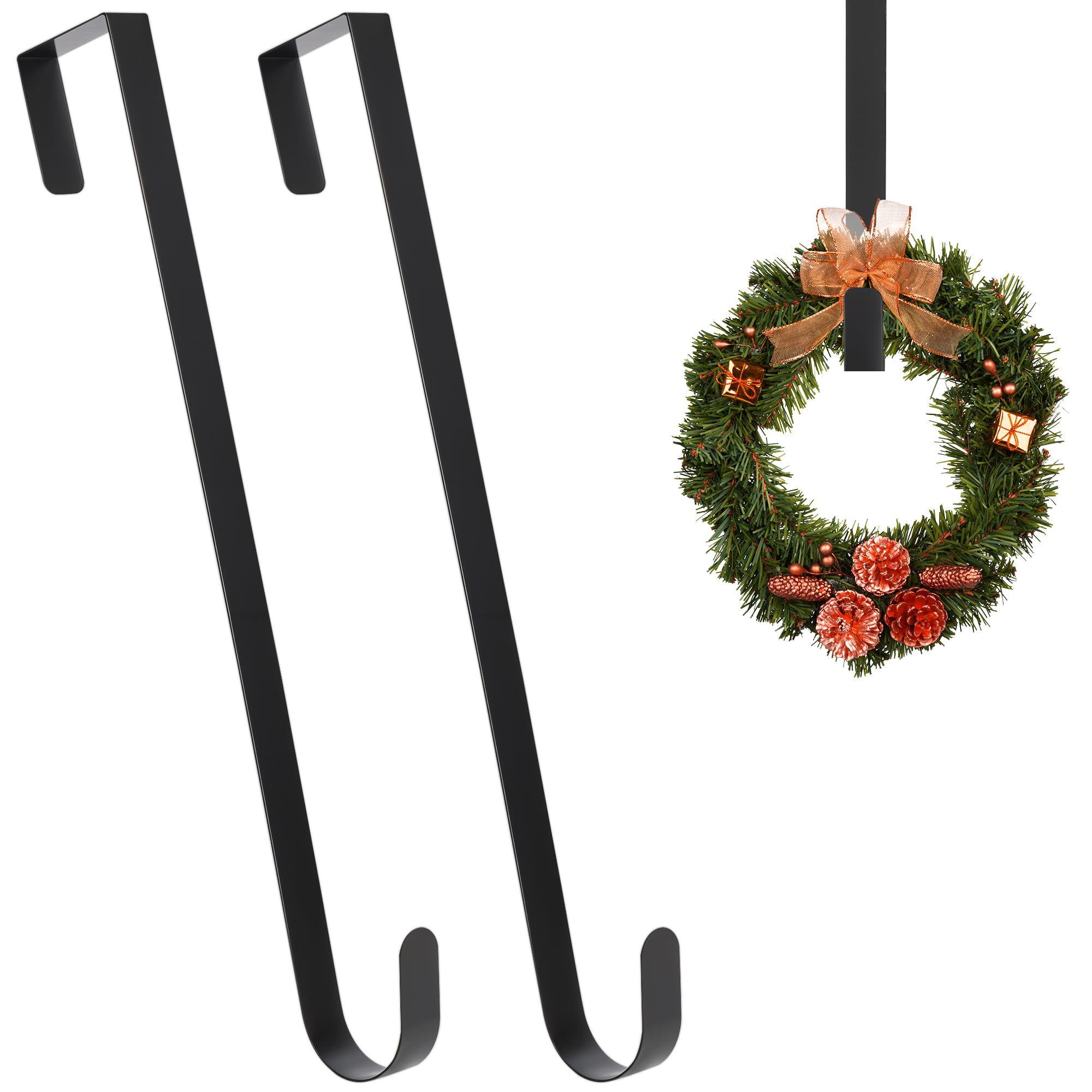Trimming Shop Black 15" Metal Wreath Door Hanger 2 Pack – Over Door Hooks for Wreaths, Entryway Christmas Decorations, Holiday Front Door Display, Floral Décor