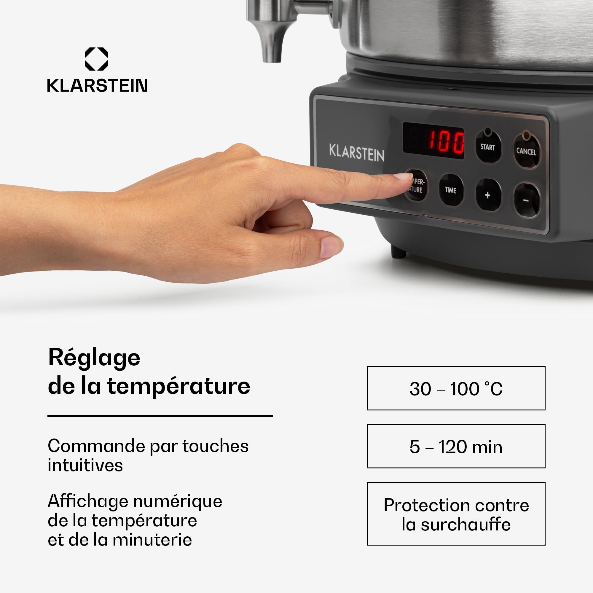 KLARSTEIN Lady Marmalade - Pasteurisateur, Distributeur pour Boissons Chaudes, 27 L, 1800 Watt, 30-100 °C, Minuterie, Fonction réchauffage, Protection Contre la surchauffe, Acier Inoxydable brossé