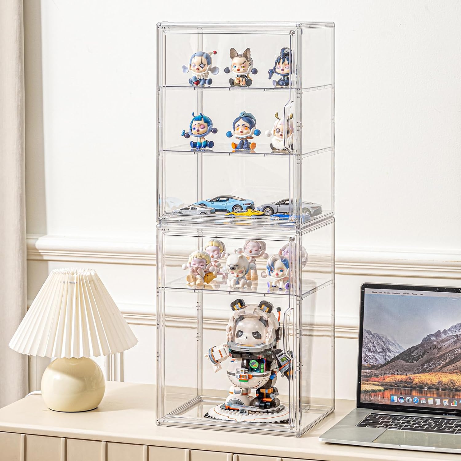 2 Pack Large Clear Acrylic Display Case Compatible with Labubu POP MART Storage Bin for Collectibles with 2 Removable Shelves and Magnetic Door Display Organizer Box for Anime Figures, Dolls