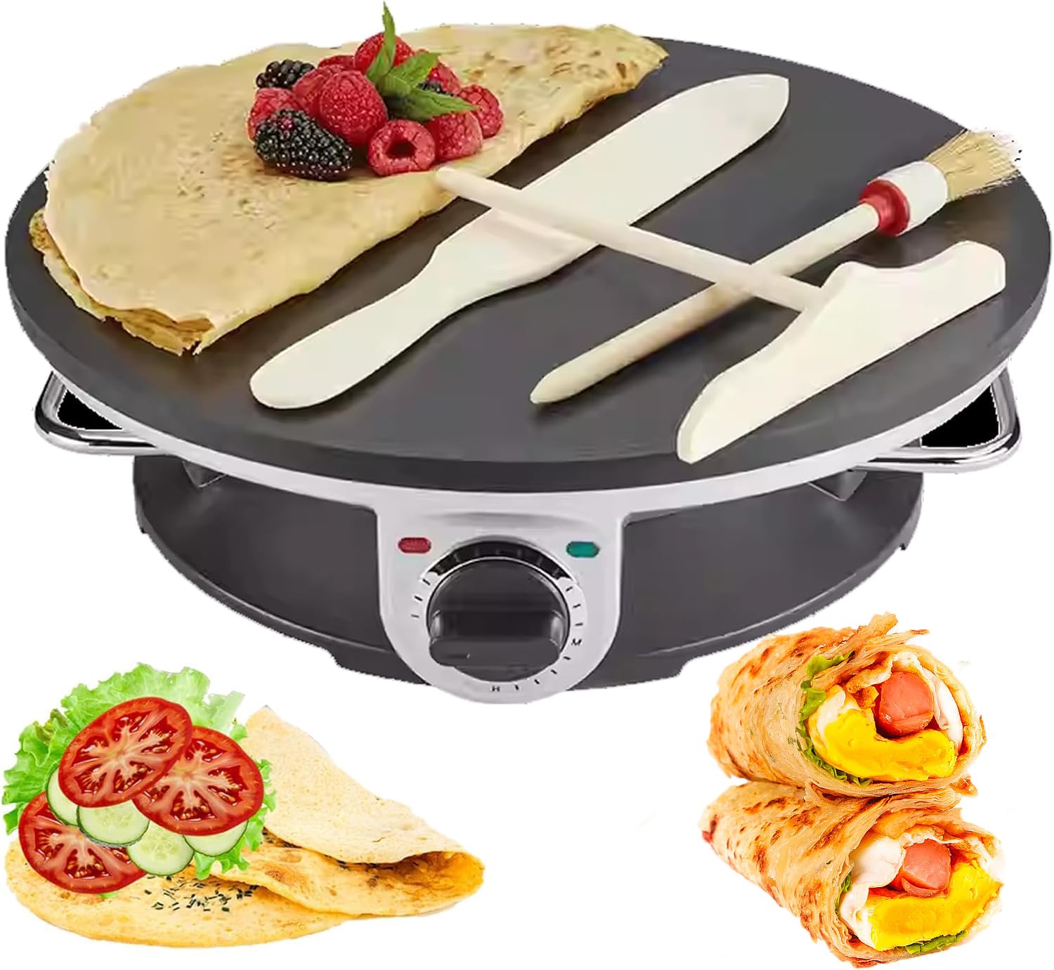 Crepé eléctrico y Fabricante de panqueques - Máquina de Quesadilla Antiadherente 1200W con Temperatura Ajustable para Tortitas, Tortillas, Pizza, Pan y Pita - 32cm