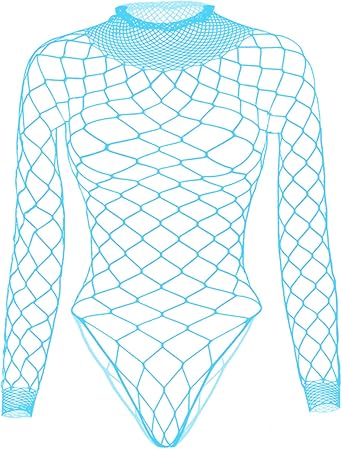 Fishnet Bodysuit Top for Women Stretch One Piece Long Sleeve Mesh Rave Romper Body Suit