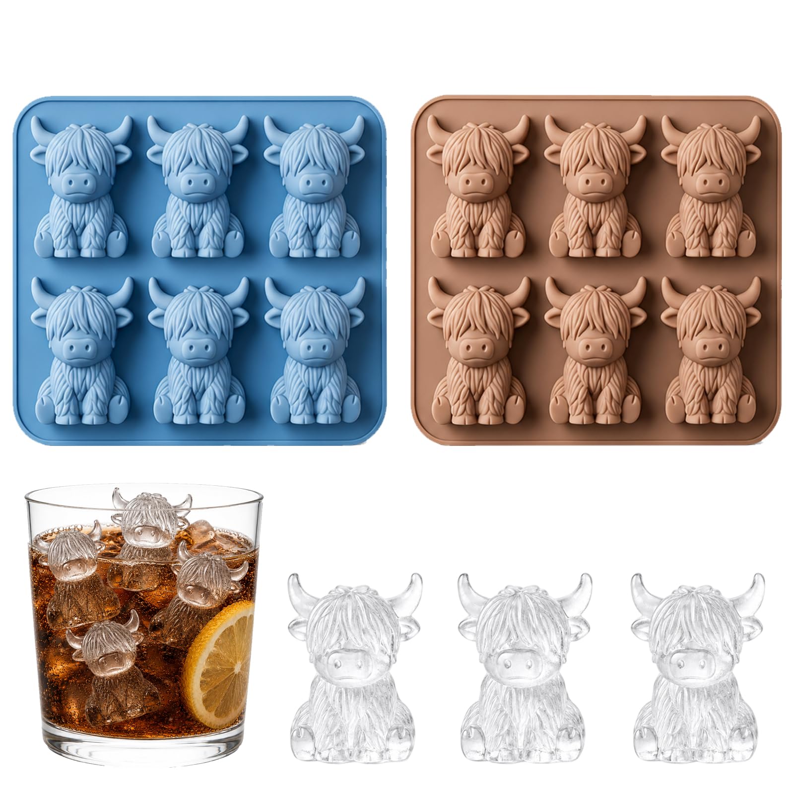 2 PCS Highland Cow Ice Cube Mold, Highland Cow Ice Cube Tray, Mini Highland Cow Ice Cube Mold with 15.6 * 12.5 * 2.5 cm Dimensions, Cow Ice Cube Tray Set with Two Colours, Unique Gift for Friends