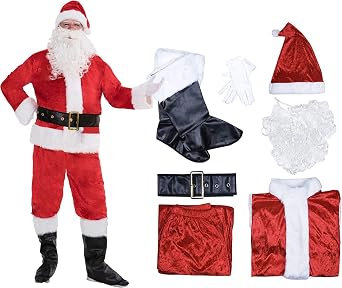 EraSpooky Santa Claus Costume For Men Adult- 7PCS Santa Outfit Christmas