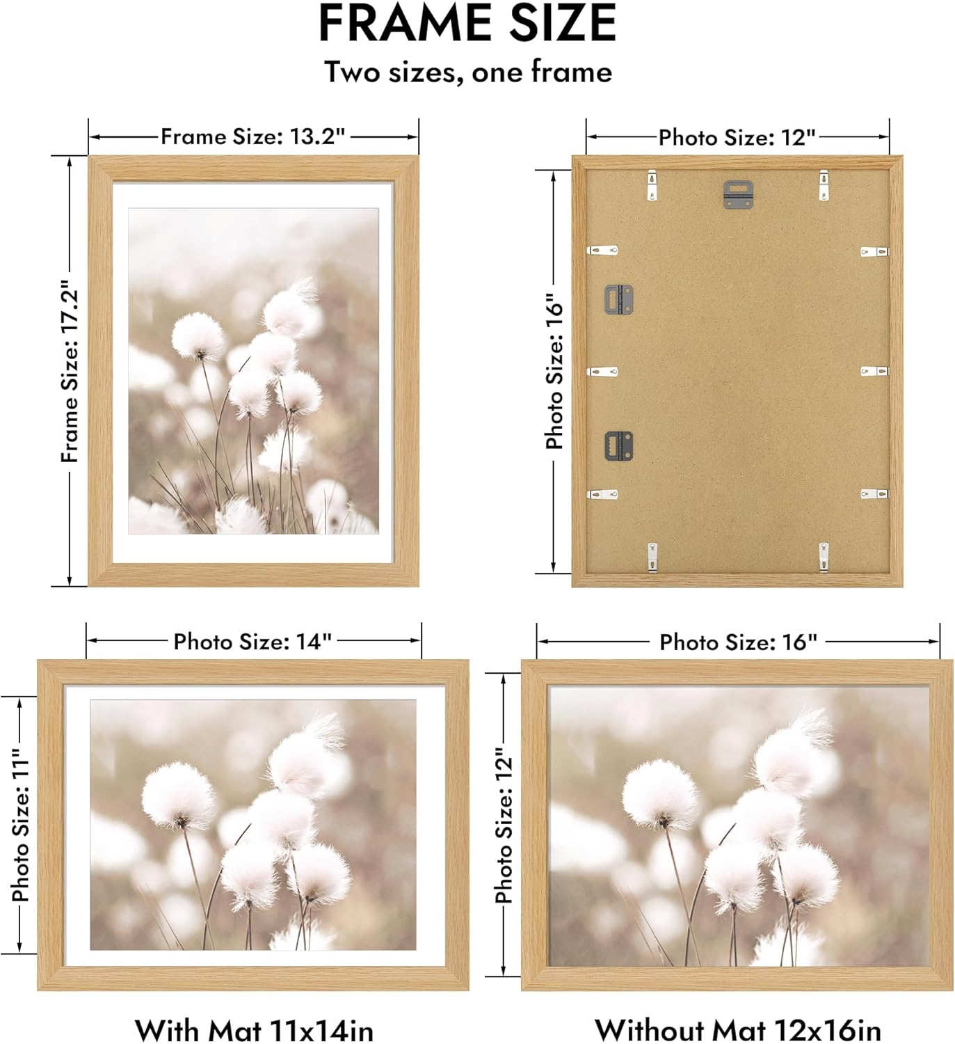 Hongkee 12x16 Oak Wood Picture Frame, Display Photos 11 x 14 with Mat or 12 x 16 without Mat - Tempered Glass Cover, Horizontal and Vertical Display for Wall Mounting (Natural Oak, Set of 1)