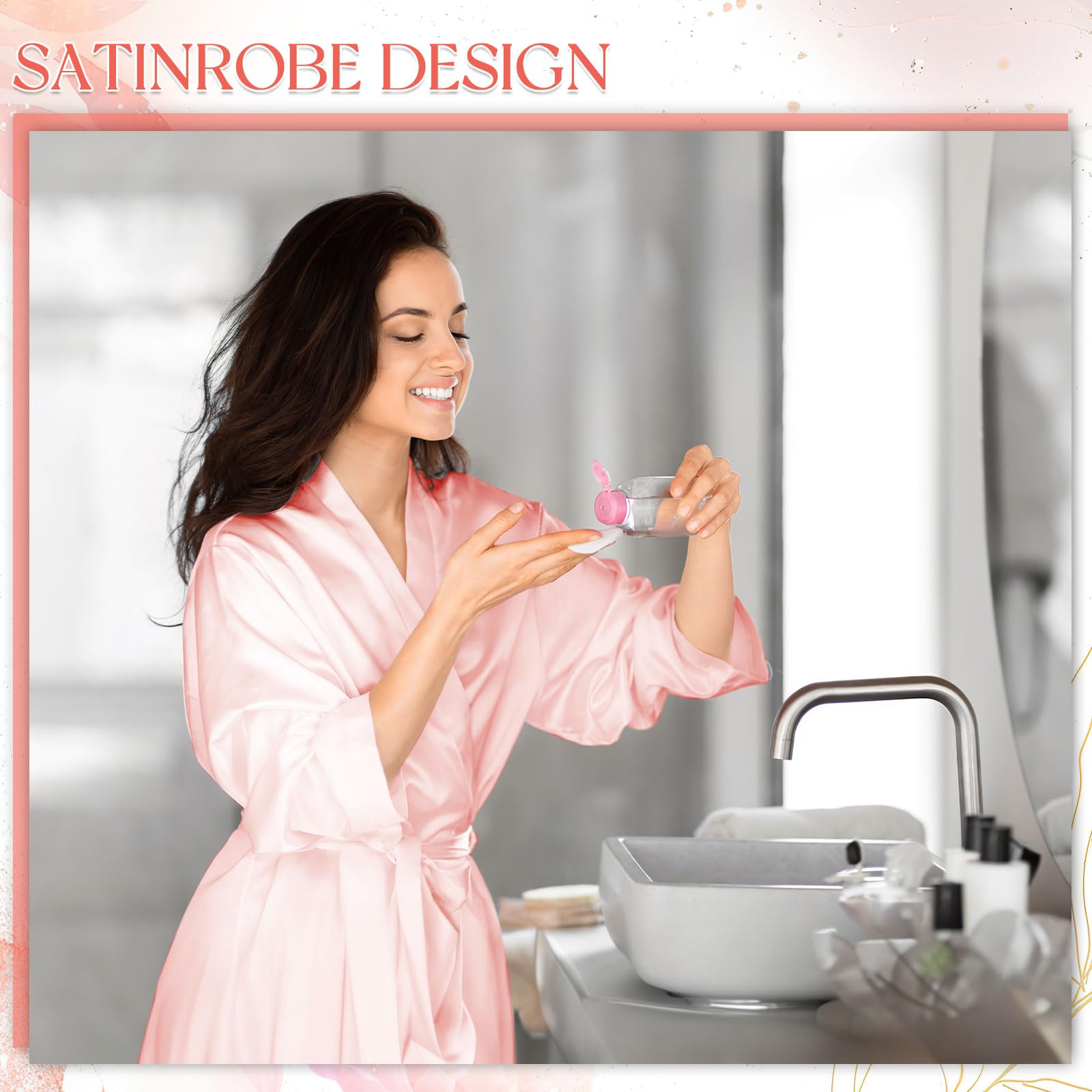 12 Stück Damen Satin Bademantel Morgenmantel Lang Brautjungfernkleid Hochzeitsfeier Kimono Seidenroben mit Gürtel Kimono V-Ausschnitt Morgenmantel für Spa Haus und Hotel (Rosa)
